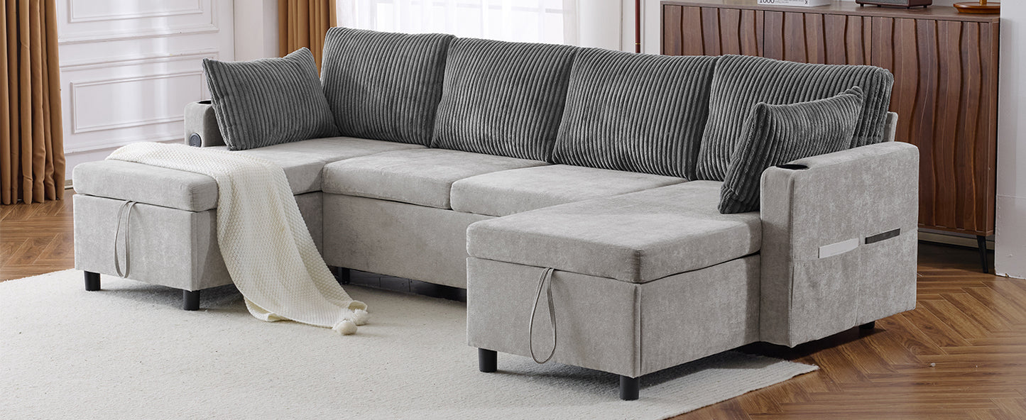 Corduroy Couch with Chaise Sleeper, Sectional Sofa Pull-Out, Grey