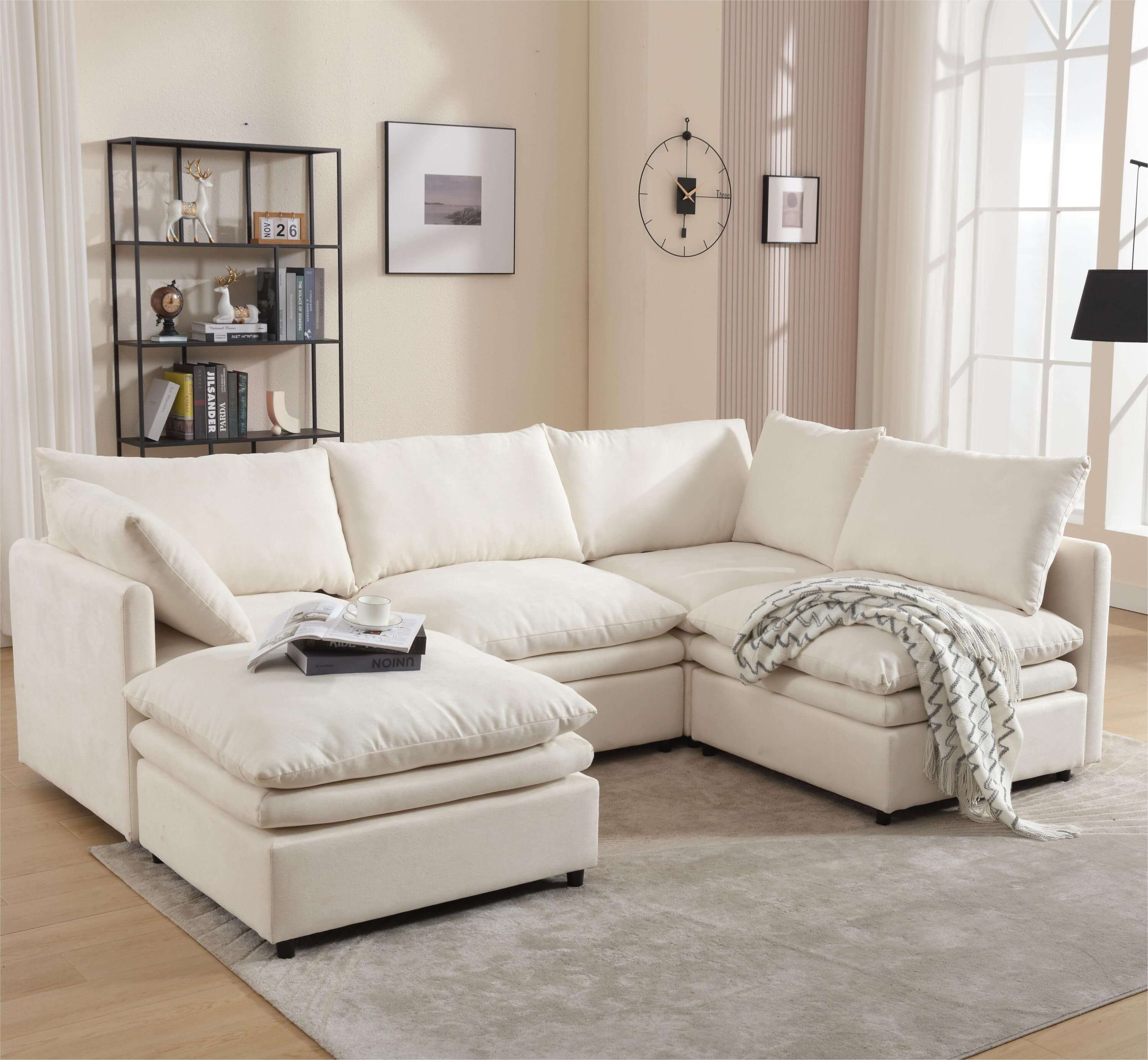 Modular Cloud Couch, U Shaped Sectional Sofa with Ottoman, Beige