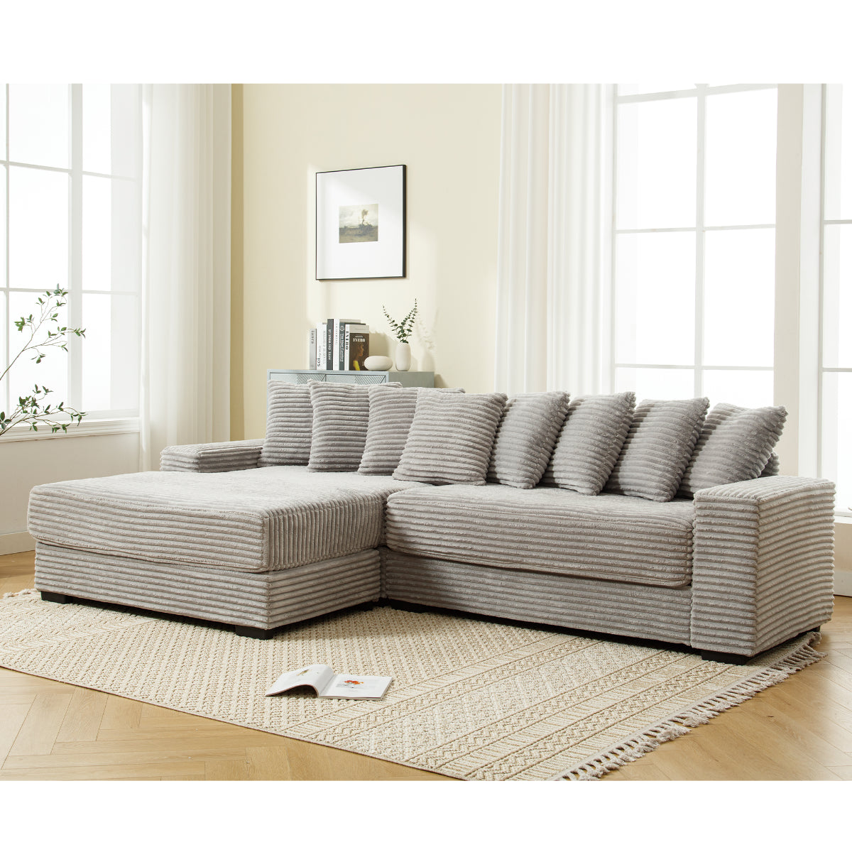 L Shaped Corduroy Couch, Plush Chaise Lounge Sofa, Gray