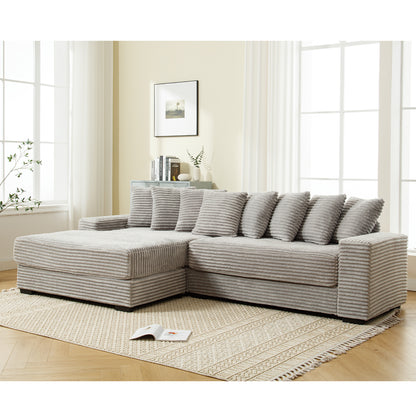 L Shaped Corduroy Couch, Plush Chaise Lounge Sofa, Gray