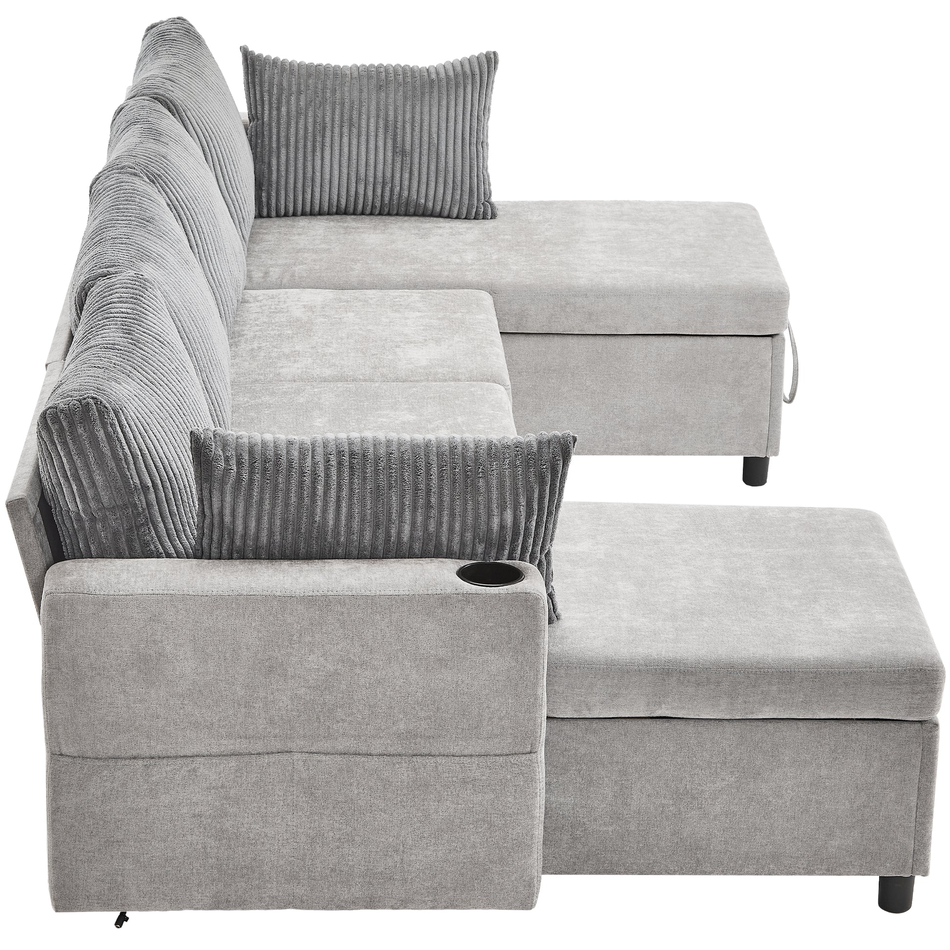 Corduroy Couch with Chaise Sleeper, Sectional Sofa Pull-Out, Grey