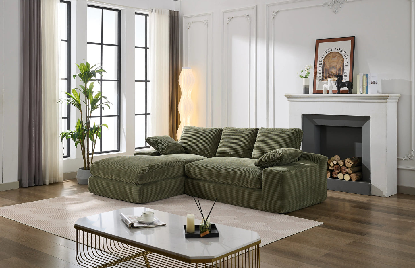 Chaise Lounge Sofa, L Shape Reversible Corduroy Couch Sectional, Green