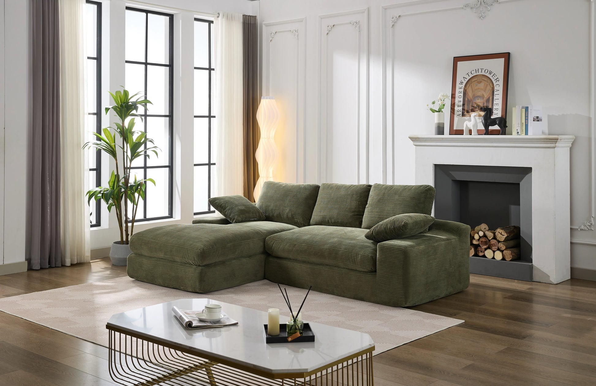 Chaise Lounge Sofa, L Shape Reversible Corduroy Couch Sectional, Green