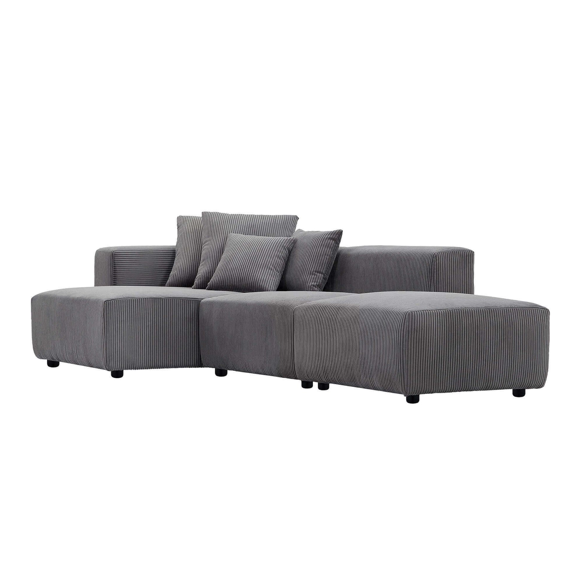 Corduroy Couch, Sofa with Chaise Lounge, 3 Piece - Gray