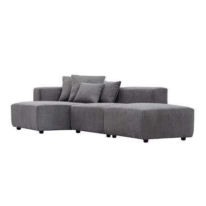 Corduroy Couch, Sofa with Chaise Lounge, 3 Piece - Gray