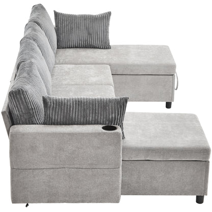 Corduroy Couch with Chaise Sleeper, Sectional Sofa Pull-Out, Grey