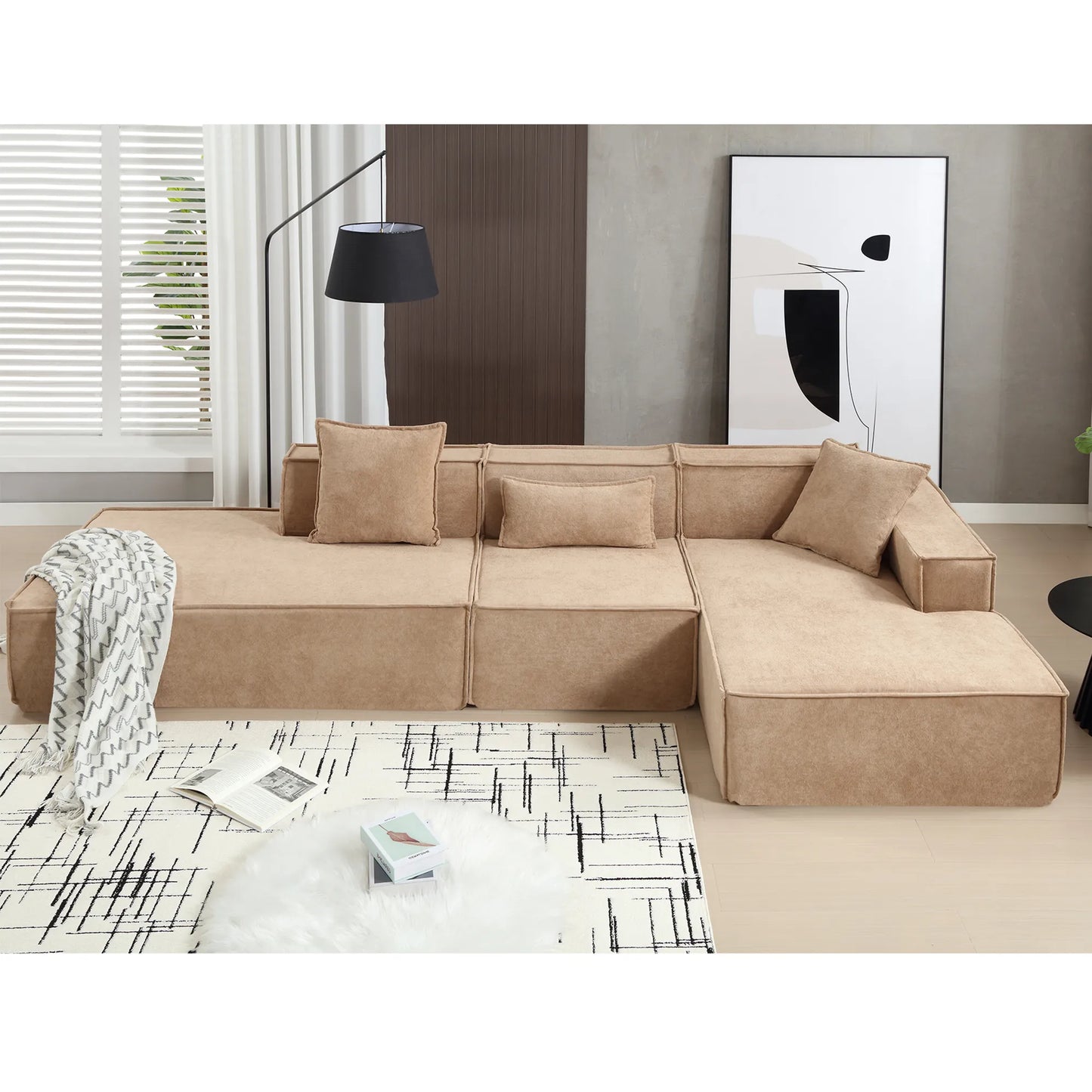 Modular Lounge Sofa, L Shaped Sectional with Chaise, Light Brown