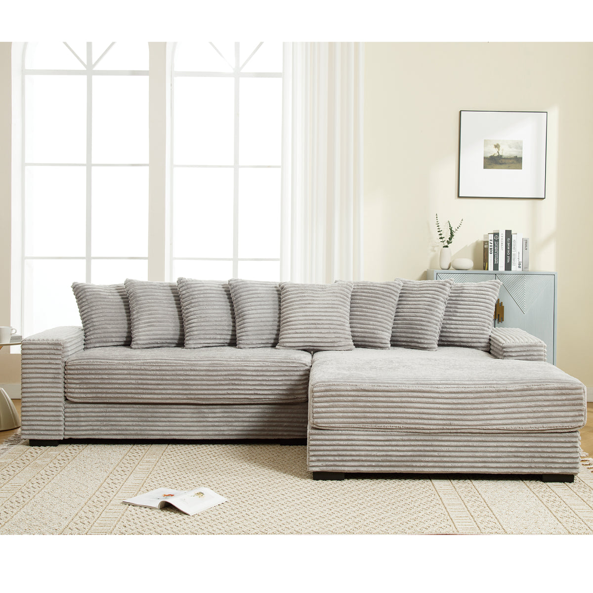 L Shaped Corduroy Couch, Plush Chaise Lounge Sofa, Gray