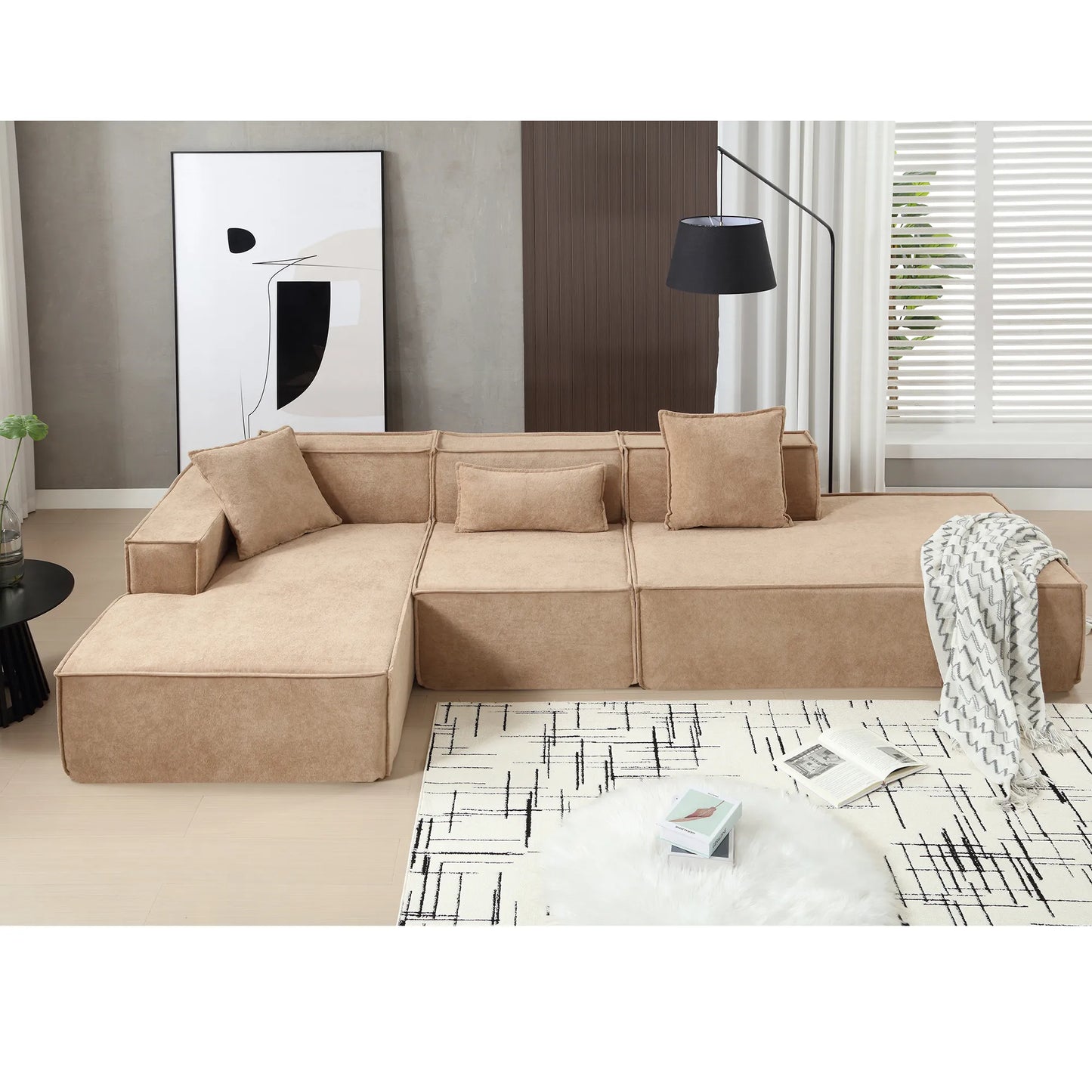 Modular Lounge Sofa, L Shaped Sectional with Chaise, Light Brown