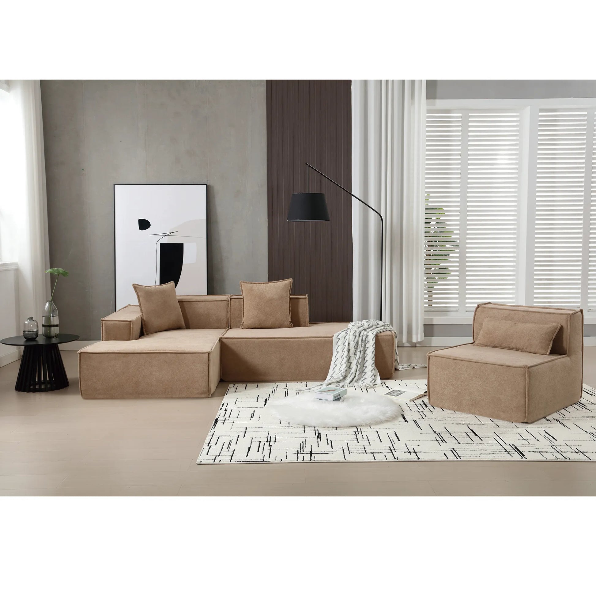 Modular Lounge Sofa, L Shaped Sectional with Chaise, Light Brown