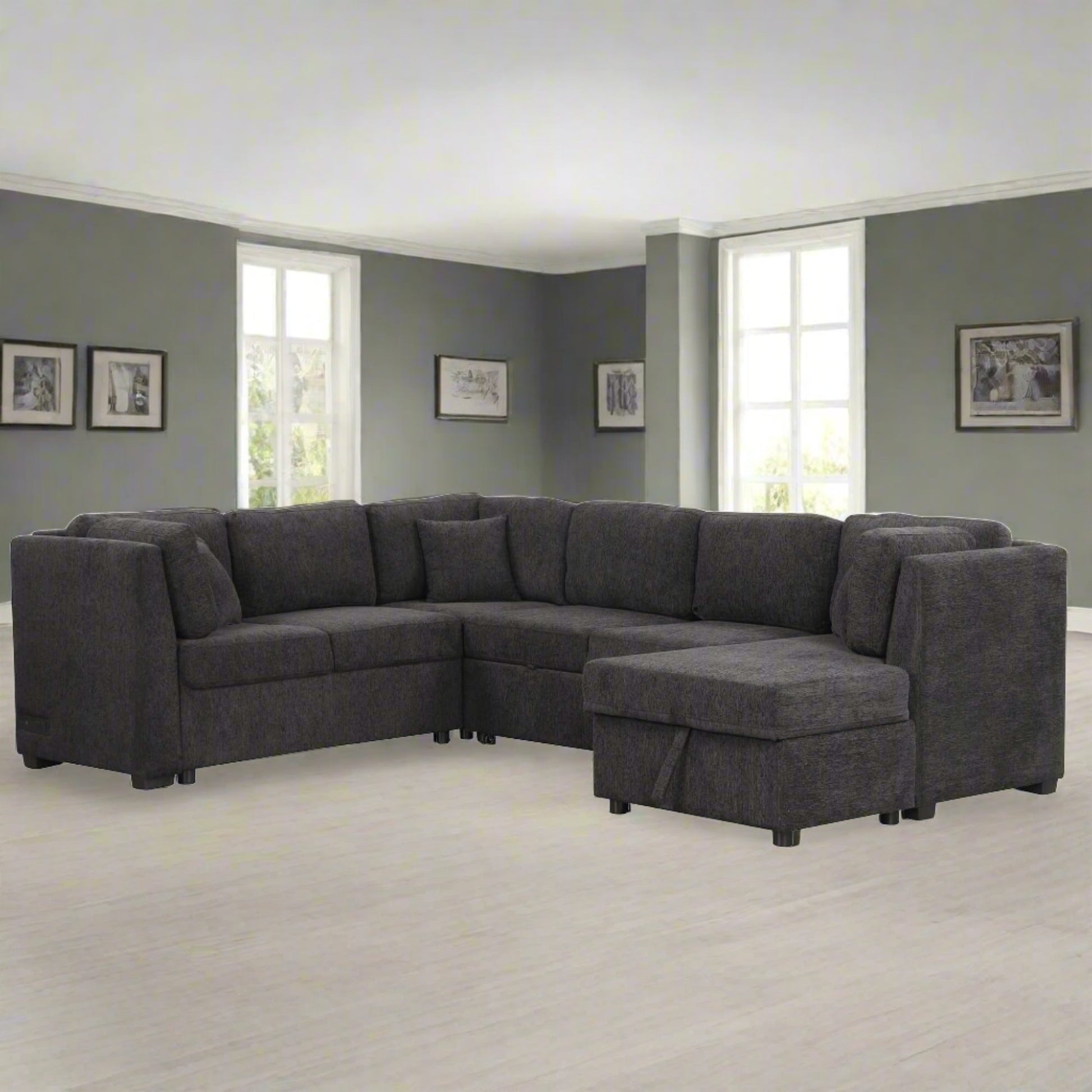 Louie Sectional Sleeper Sofa, Couch with Chaise and Storage - Black