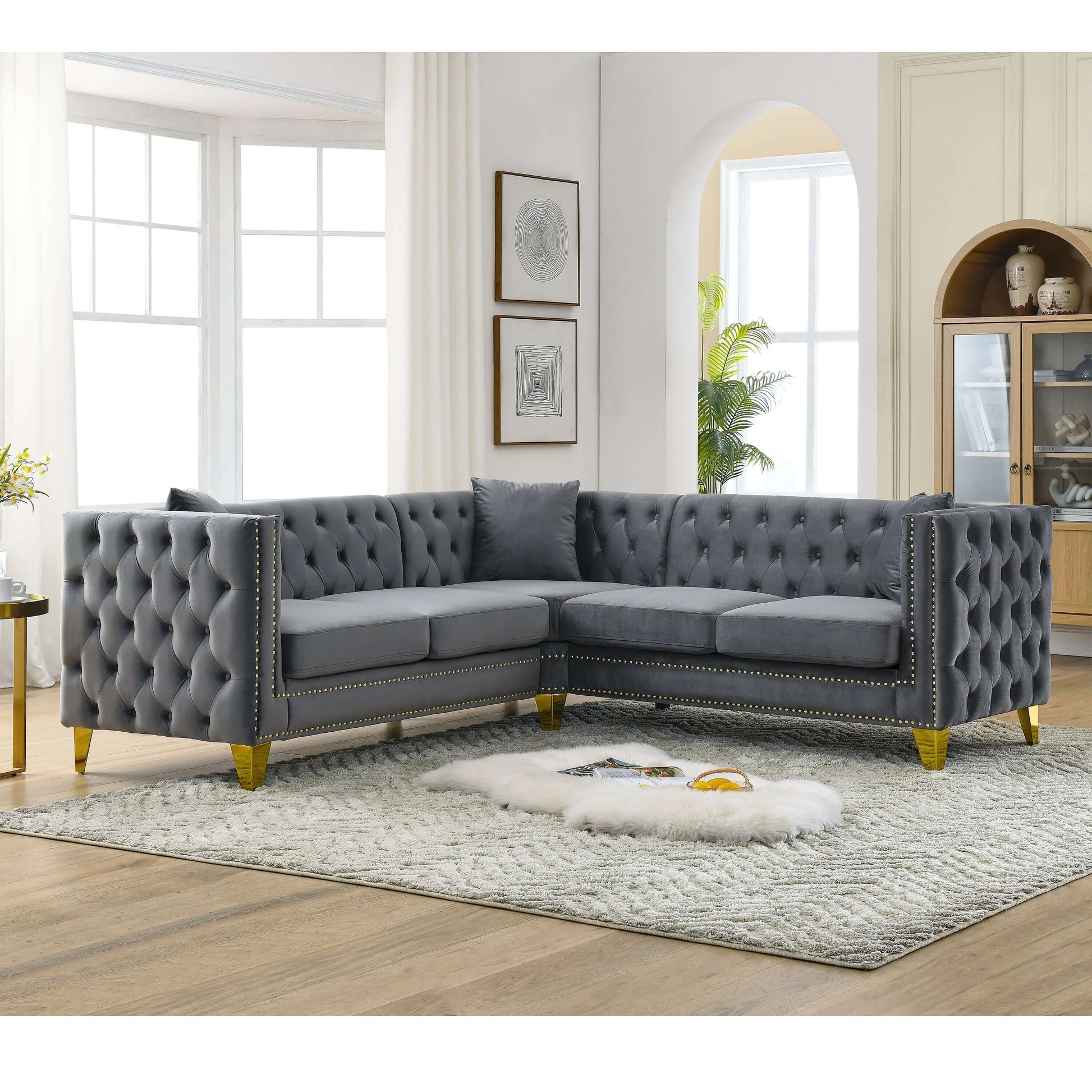 Chesterfield Sofa, L-Shaped Velvet Corner Couch - Gray