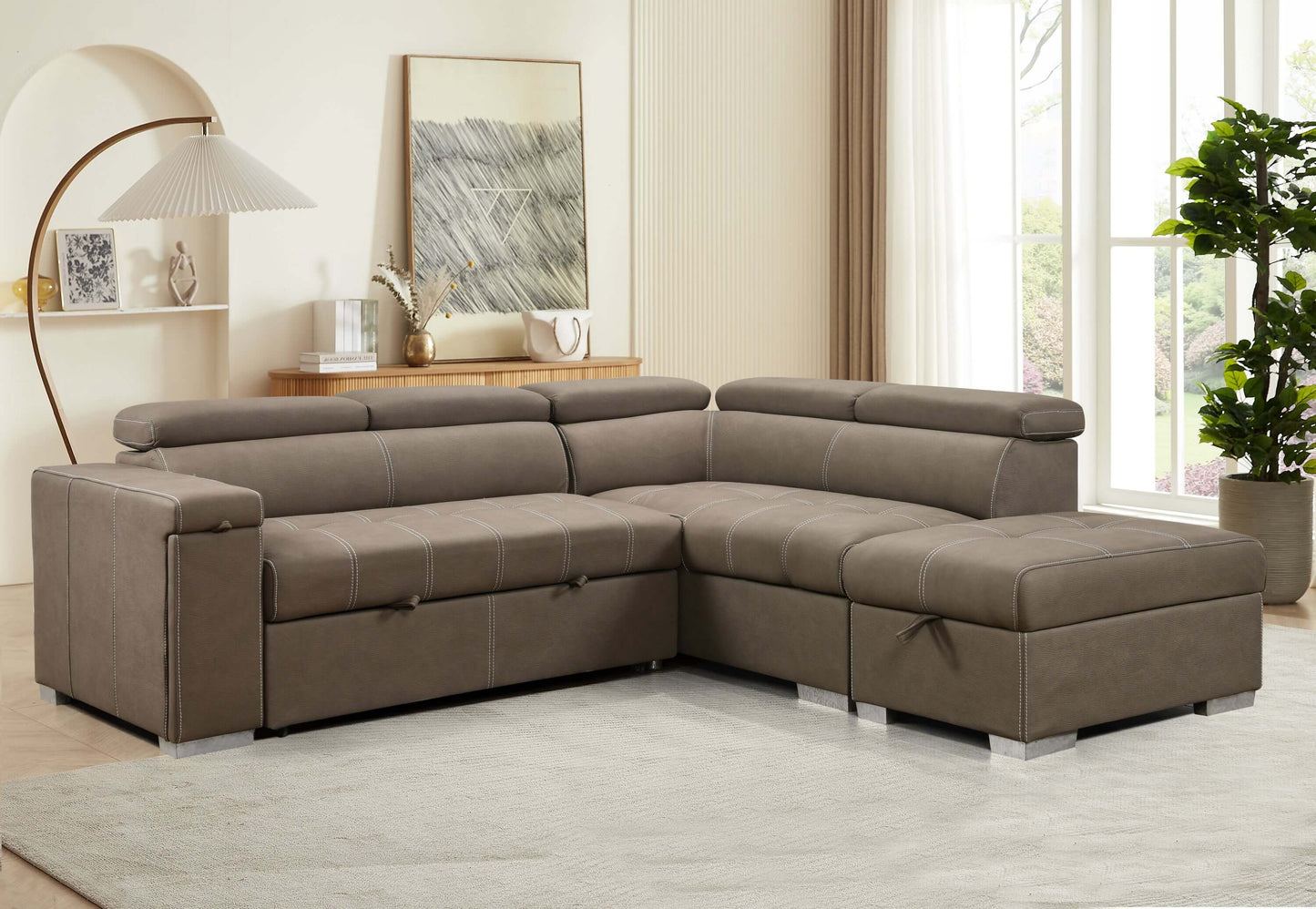 Louie L-Shaped Sofa Bed, Convertible Couch Pullout with Storage Chaise and Adjustable Headrest - Brown