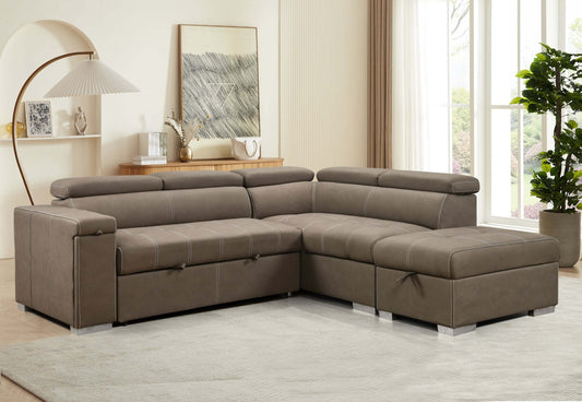 Louie L-Shaped Sofa Bed, Convertible Couch Pullout with Storage Chaise and Adjustable Headrest - Brown