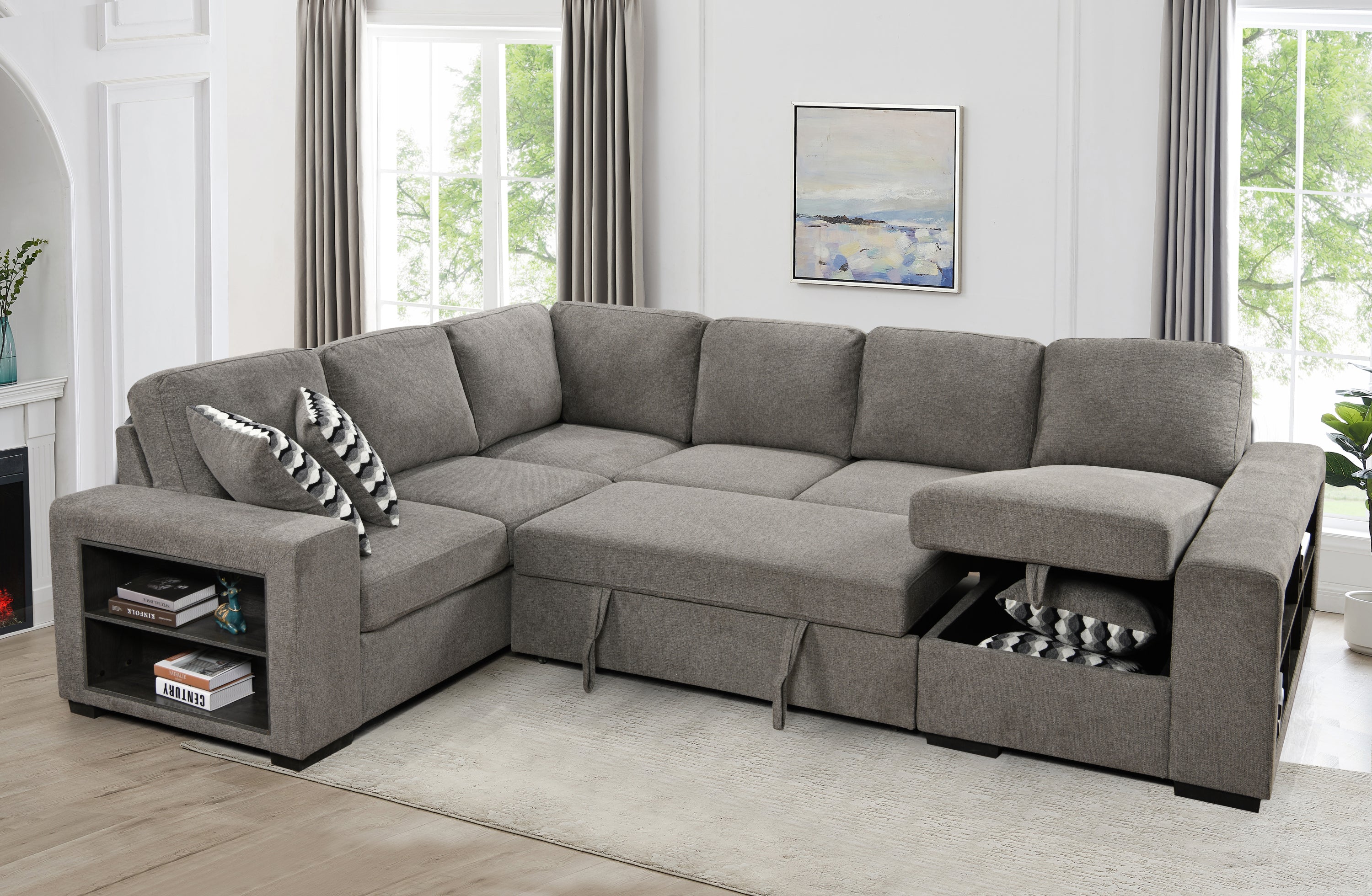 U Shaped Sectional, Sleeper Sofa with Chaise and Storage, Gray