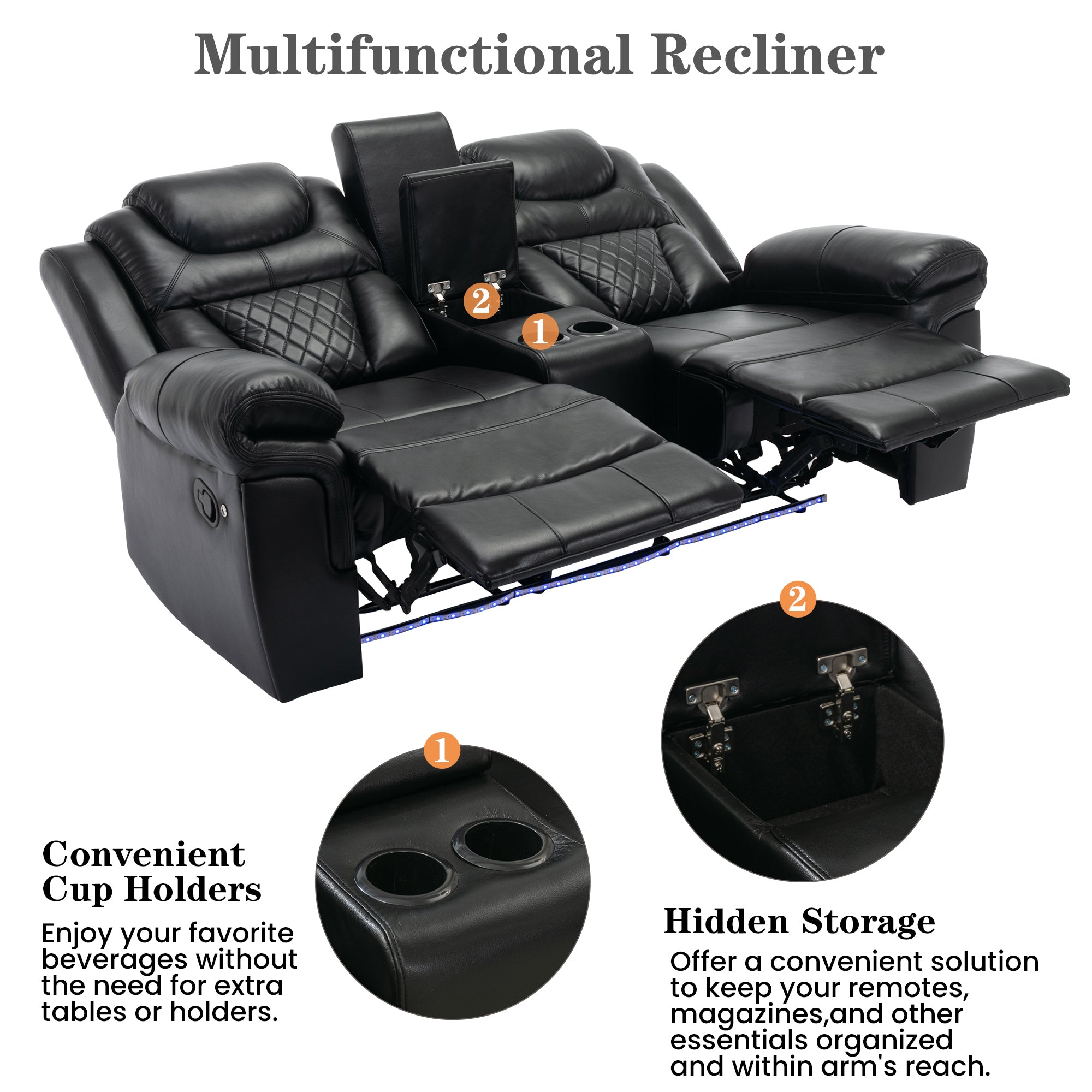 Louie Luxury Recliner Sofa Set, Home Theater Seating with LED Lights