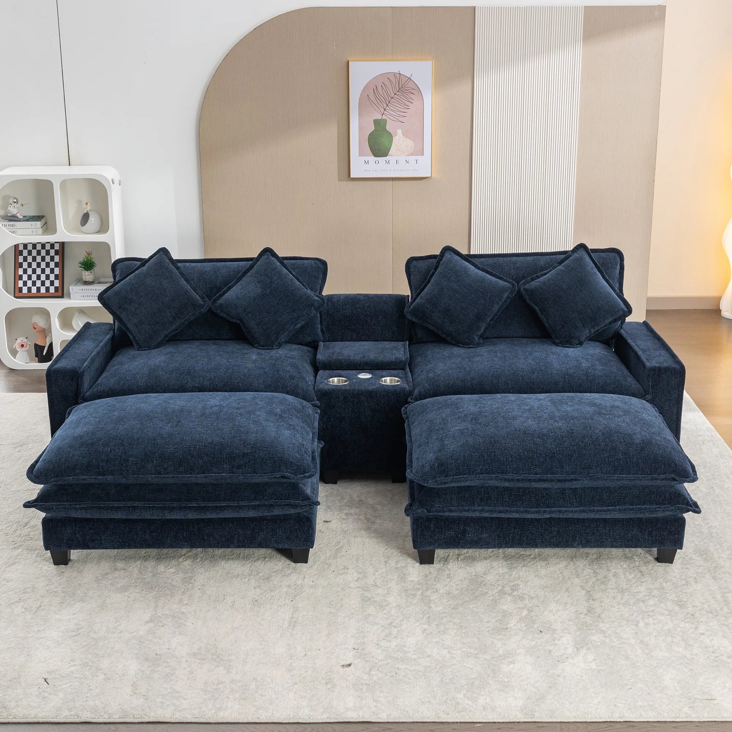 Plush Couch, Deep Seat Couch with Ottomans, Blue