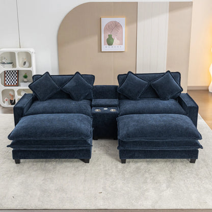 Plush Couch, Deep Seat Couch with Ottomans, Blue