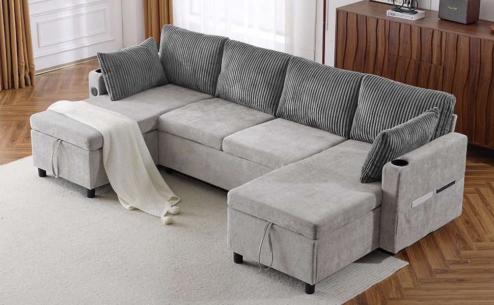 Corduroy Couch with Chaise Sleeper, Sectional Sofa Pull-Out, Grey