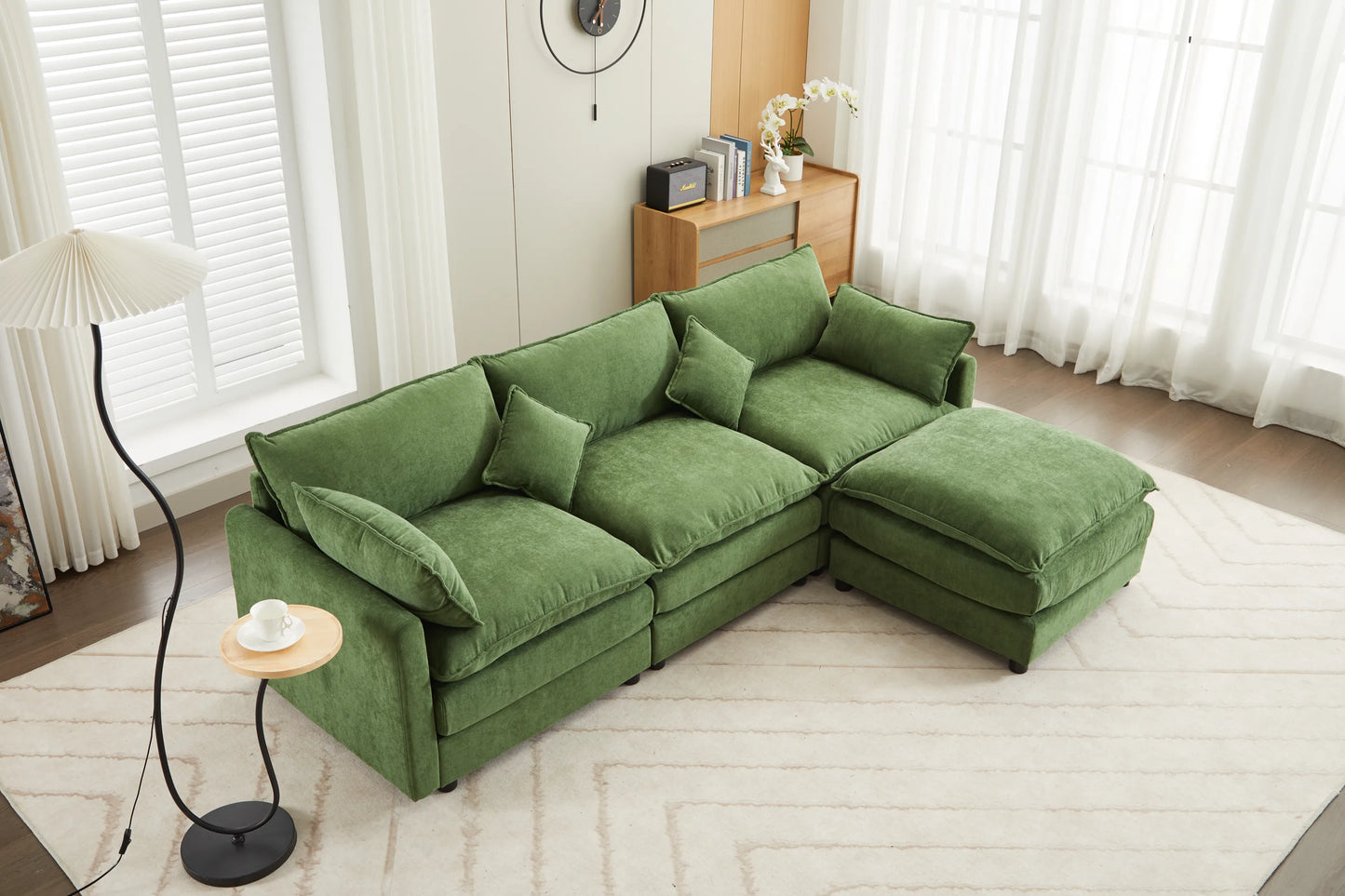 3 Seater Sofa, L Shaped Couch with Ottoman, Beige/Gray/Green