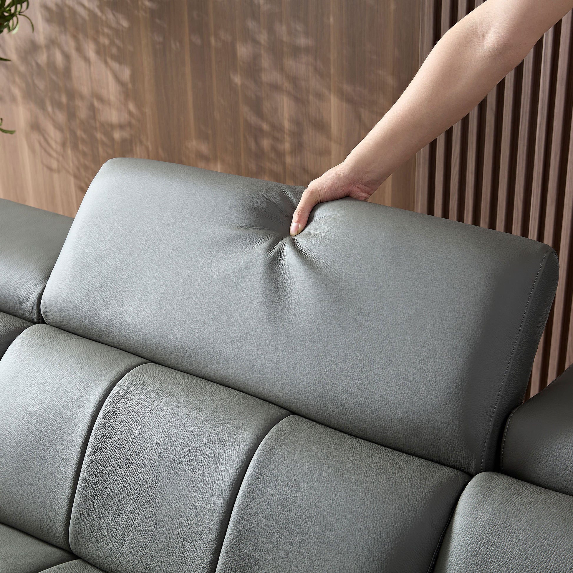 Genuine Leather Recliner Sofa, Modern Couch with Chaise, USB and Adjustable Headrest, Dark Grey