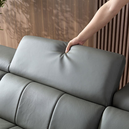 Genuine Leather Recliner Sofa, Modern Couch with Chaise, USB and Adjustable Headrest, Dark Grey