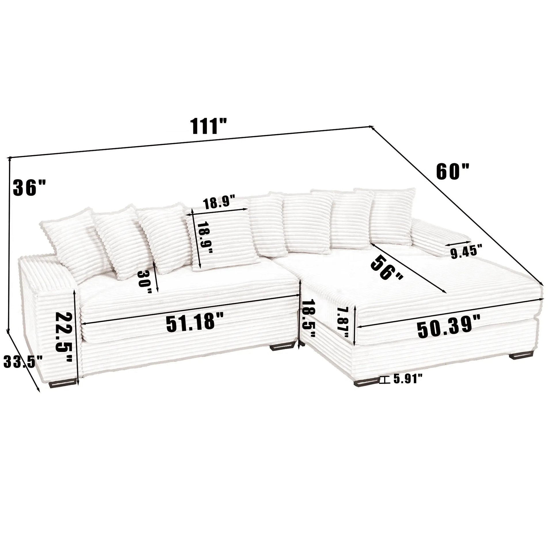 L Shaped Corduroy Couch, Plush Chaise Lounge Sofa, Beige