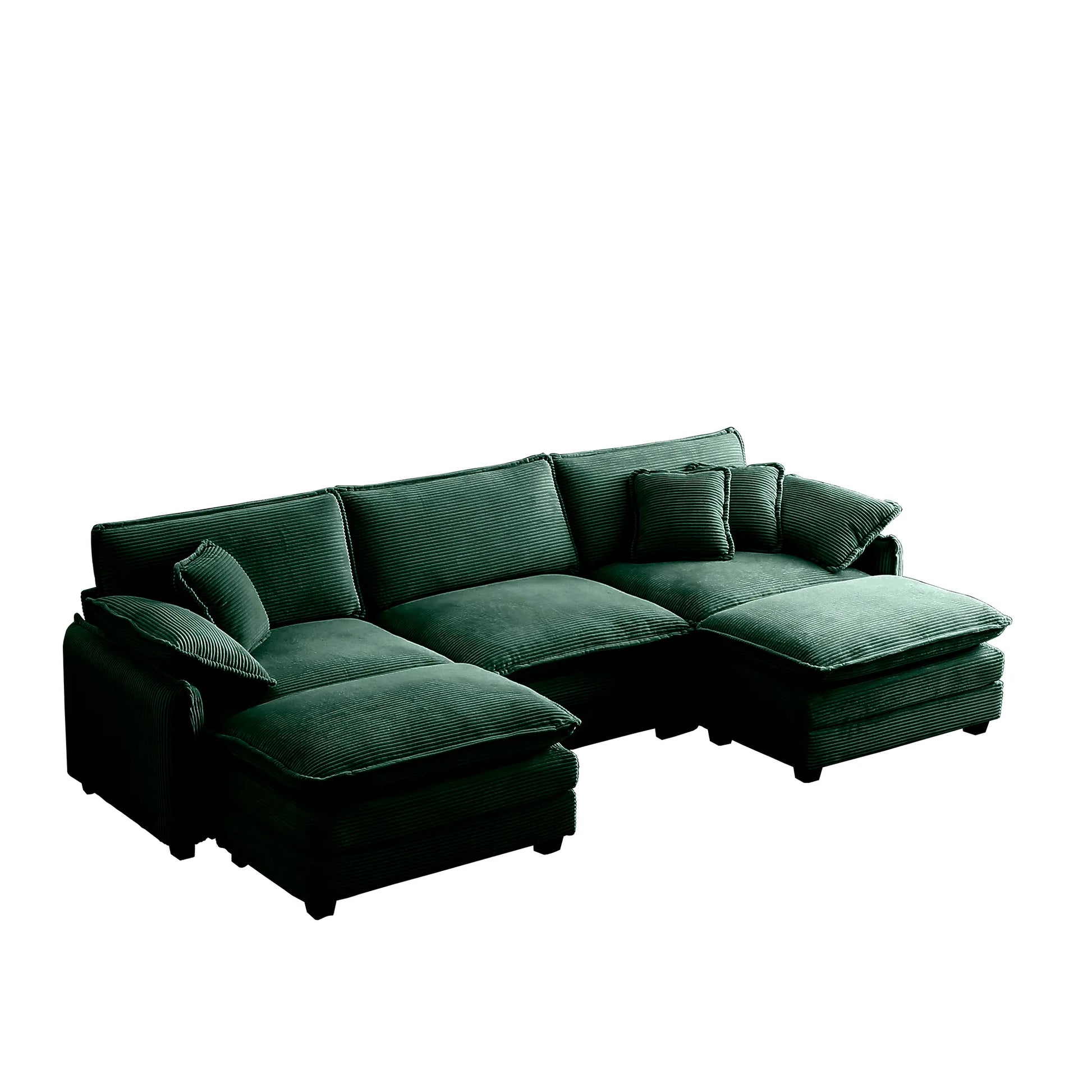 U Shape Sectional Cloud Sofa, Plush Corduroy Couch with Ottoman, Green