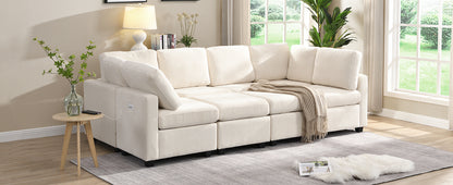 U Shaped Couch, Chenille Sectional Sofa with Ottoman, Beige