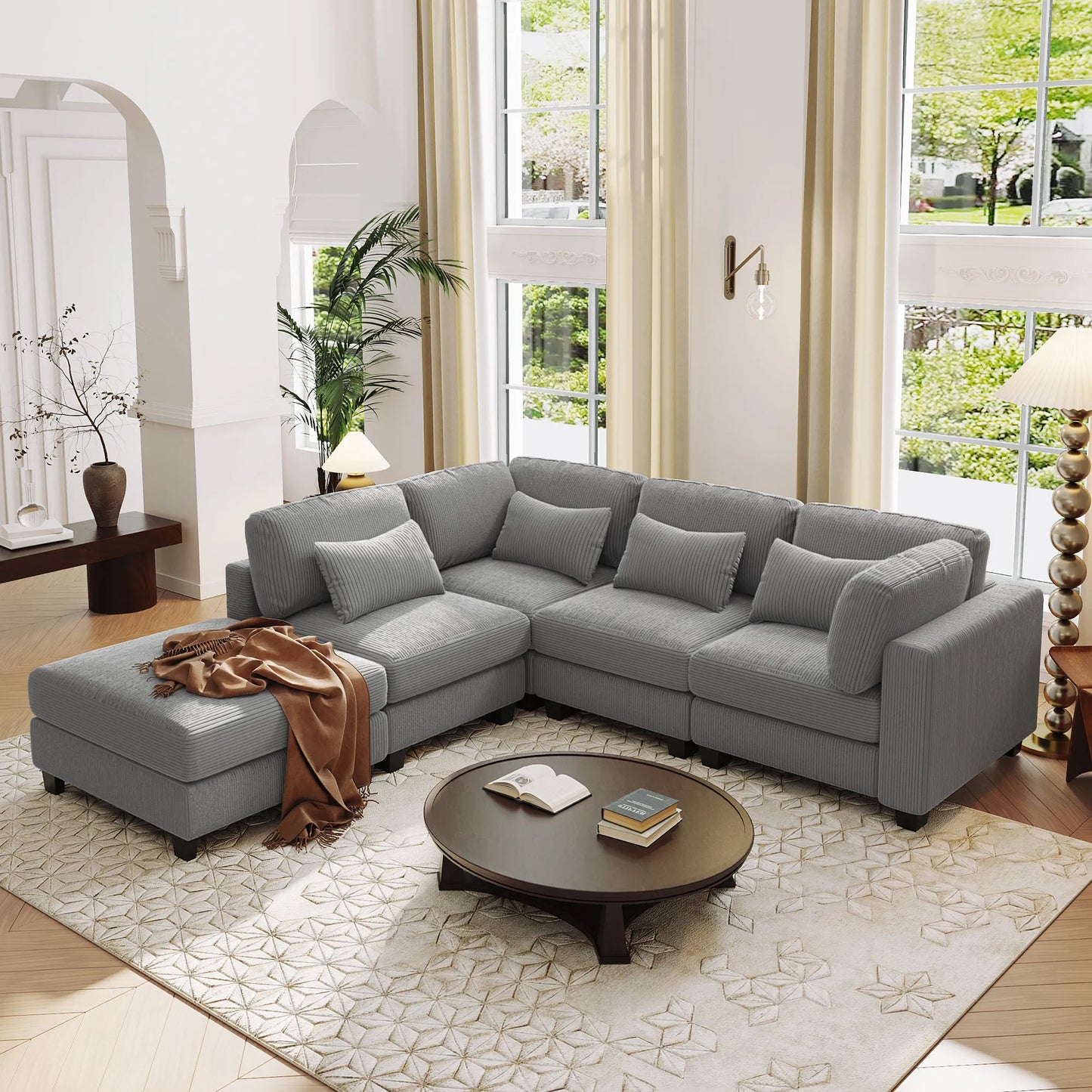 Louie Modular Sectional Sofa, Corduroy Couch with Ottoman - Grey