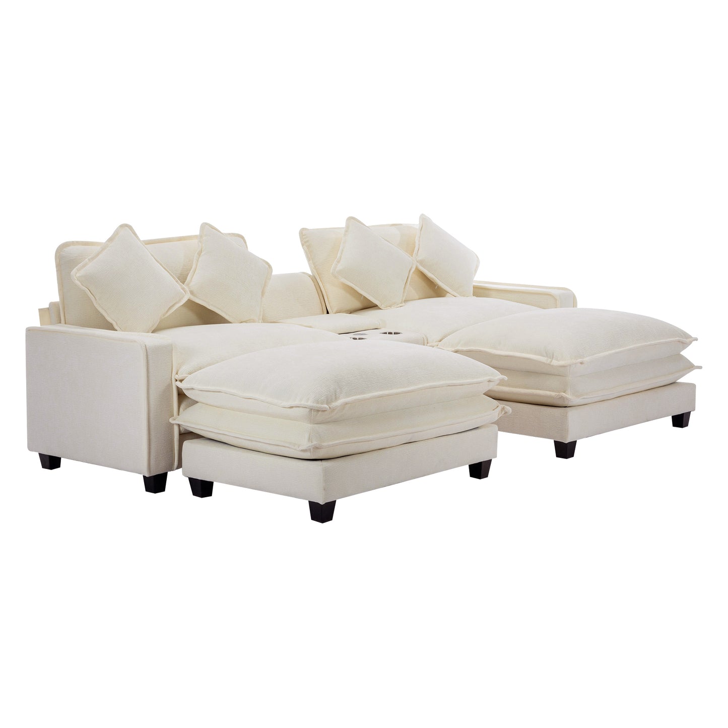 Plush Couch, Deep Seat Couch with Ottomans, Beige