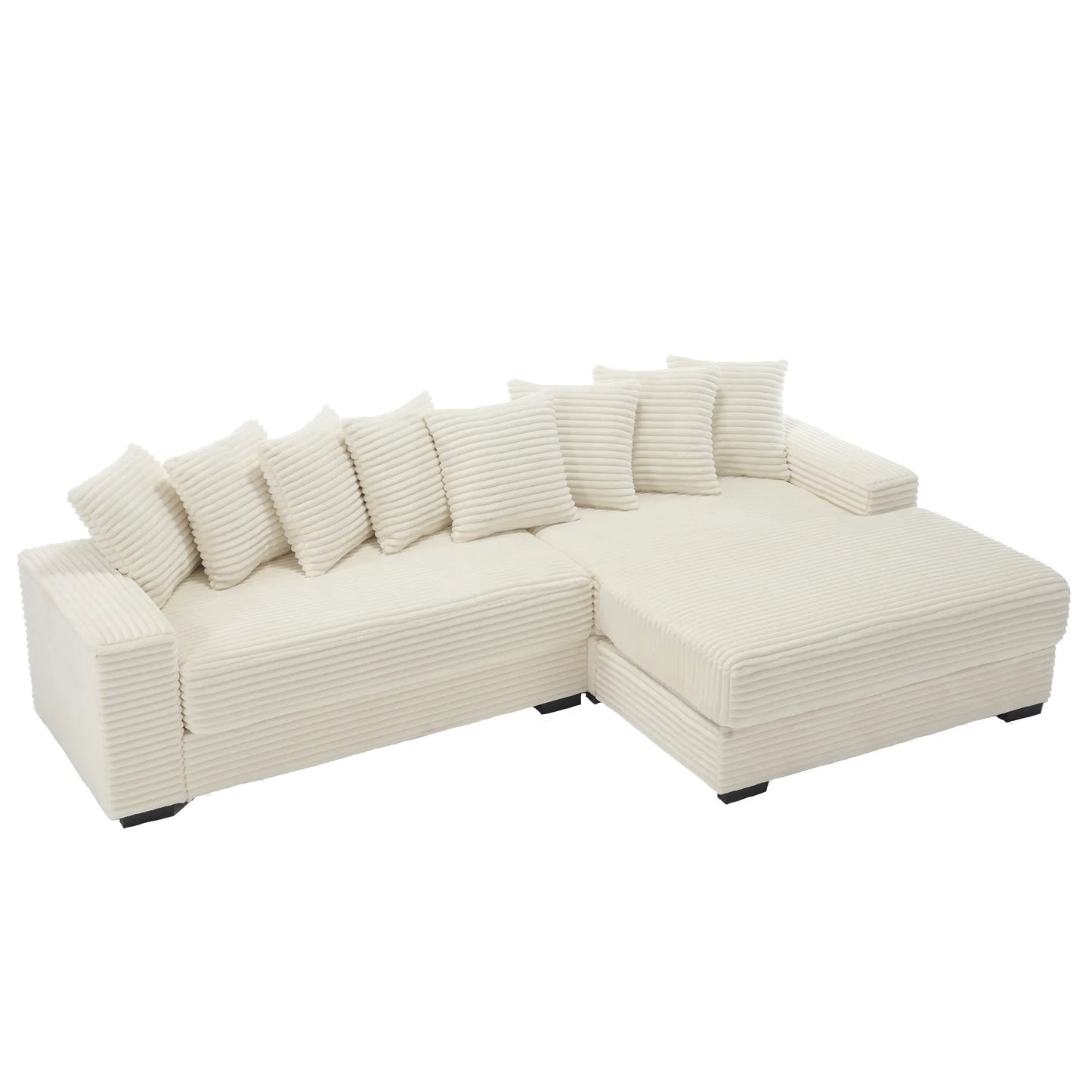 L Shaped Corduroy Couch, Plush Chaise Lounge Sofa, Beige