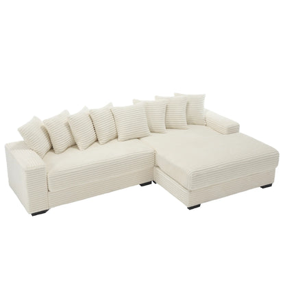 L Shaped Corduroy Couch, Plush Chaise Lounge Sofa, Beige