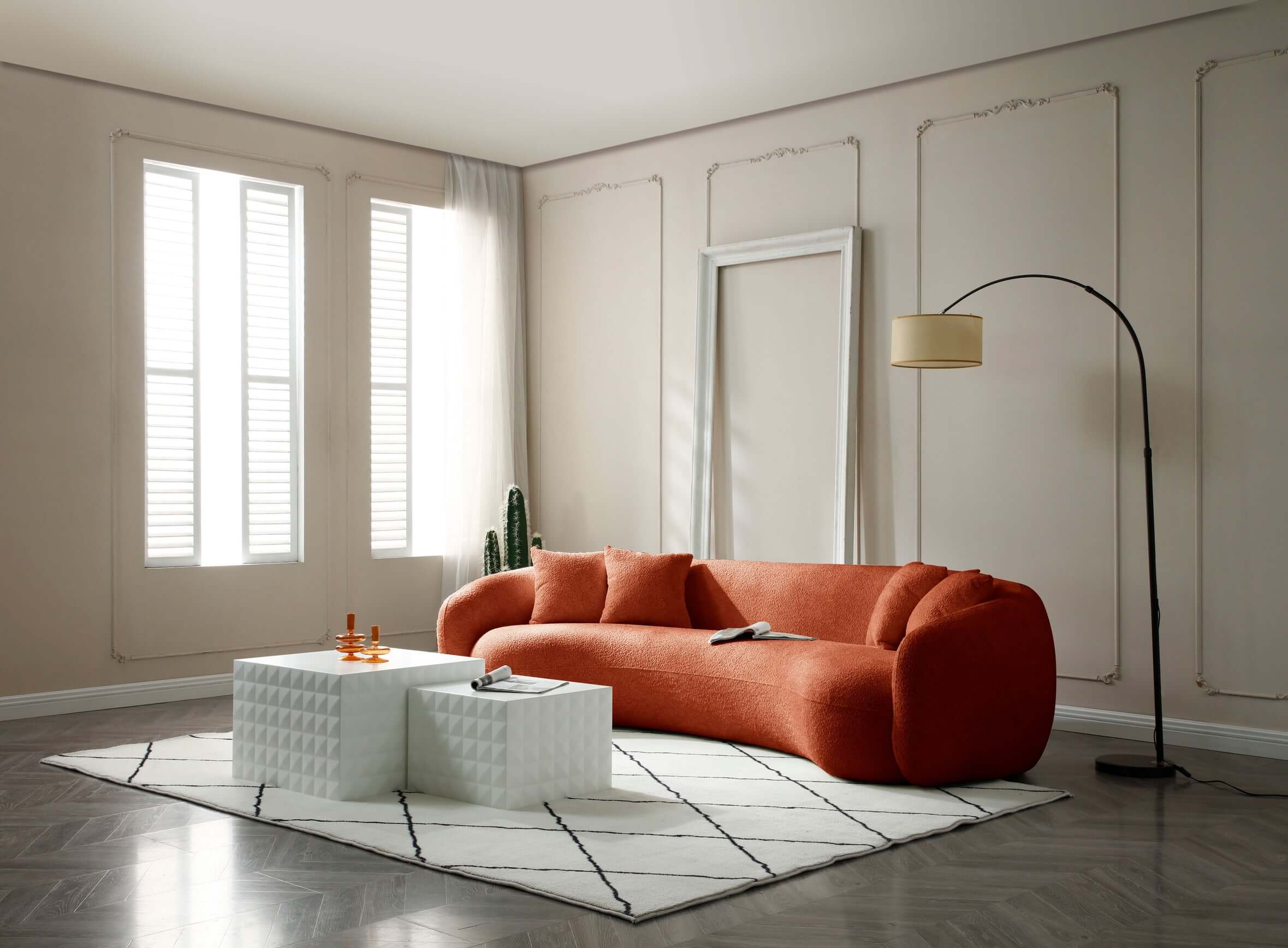 Modern Curved Sofa, Large Comfy Couch, Orange