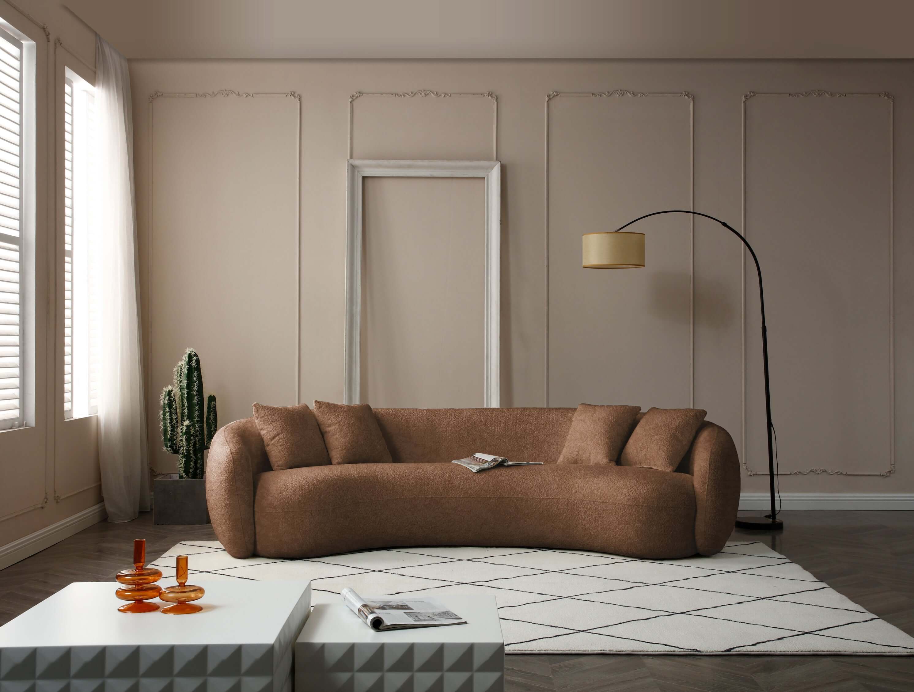 Modern Curved Sofa, Large Comfy Couch, Brown