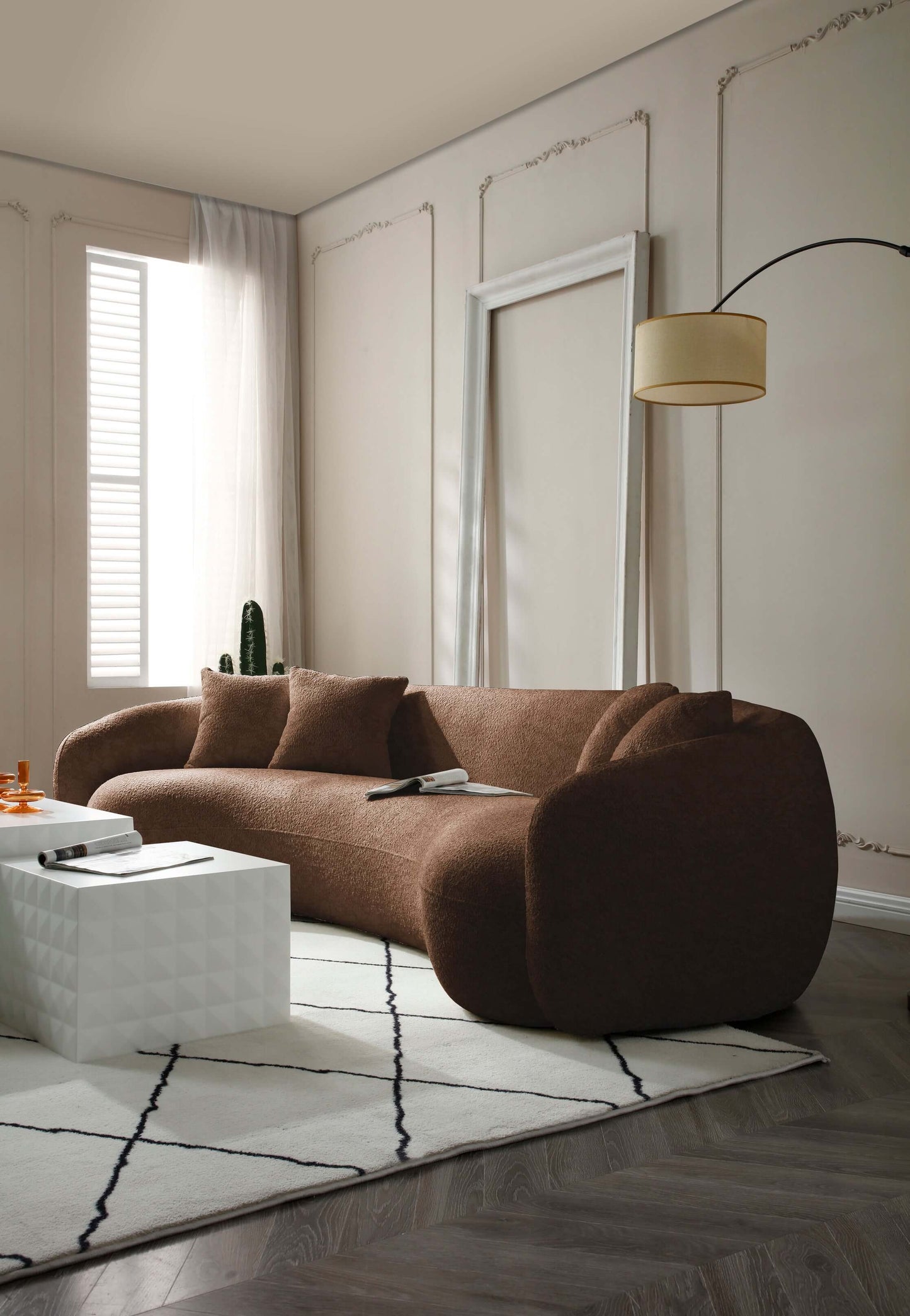 Modern Curved Sofa, Large Comfy Couch, Brown