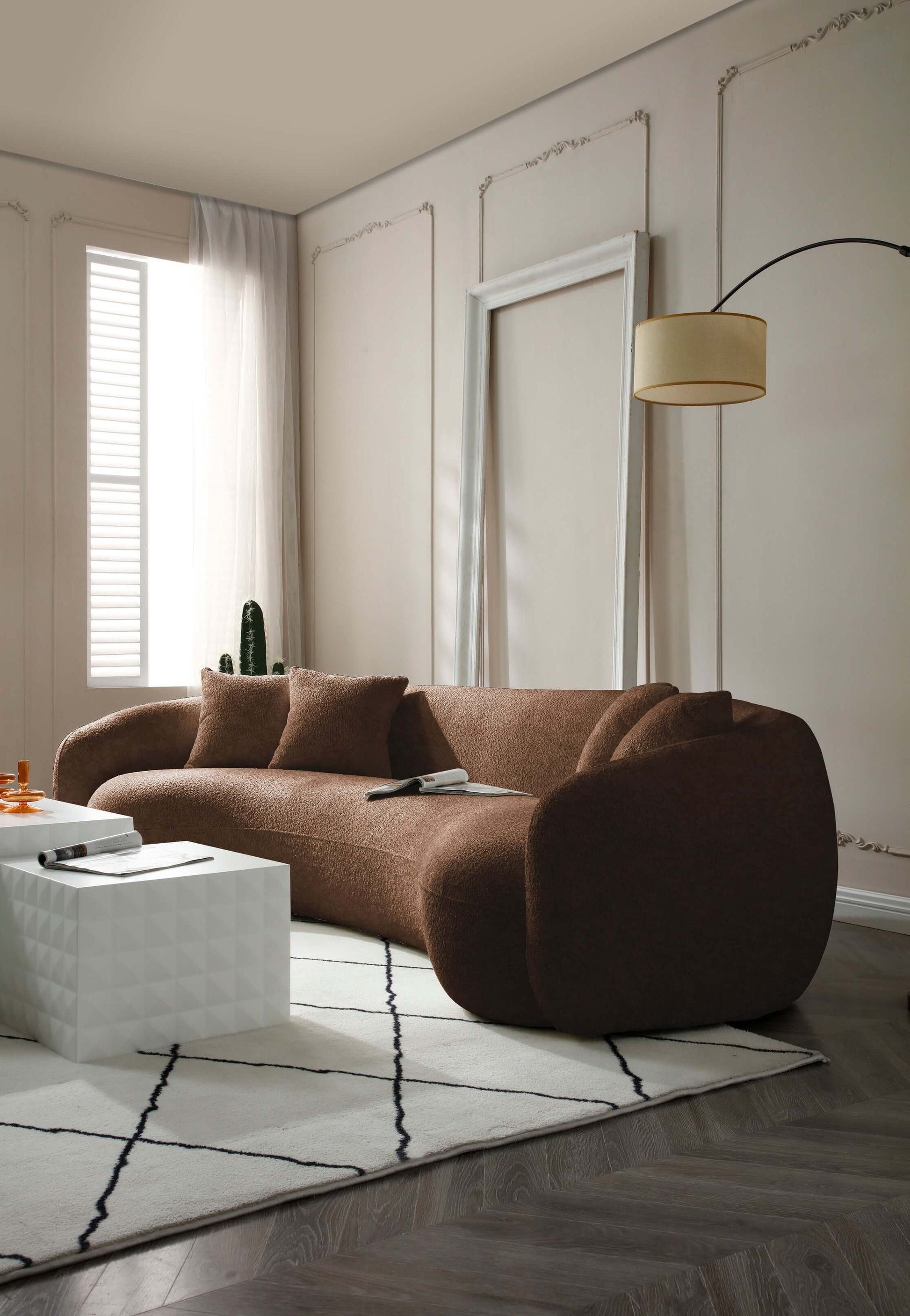 Modern Curved Sofa, Large Comfy Couch, Brown