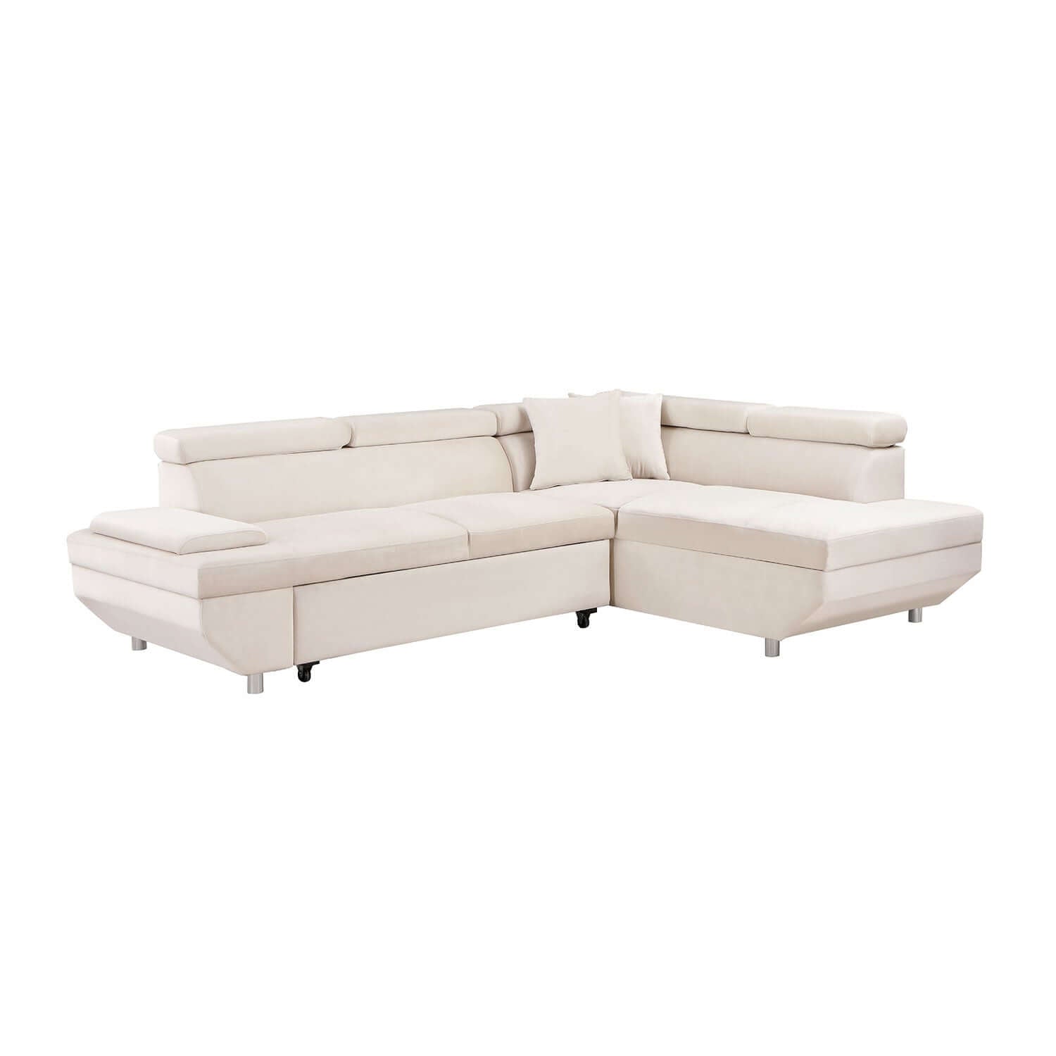 L-Shaped Velvet Sleeper Sofa, 2 in 1 Pull Out Couch Bed, Left or Right Facing - Beige