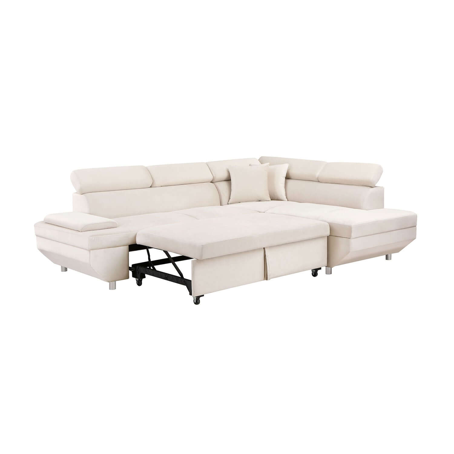 L-Shaped Velvet Sleeper Sofa, 2 in 1 Pull Out Couch Bed, Left or Right Facing - Beige