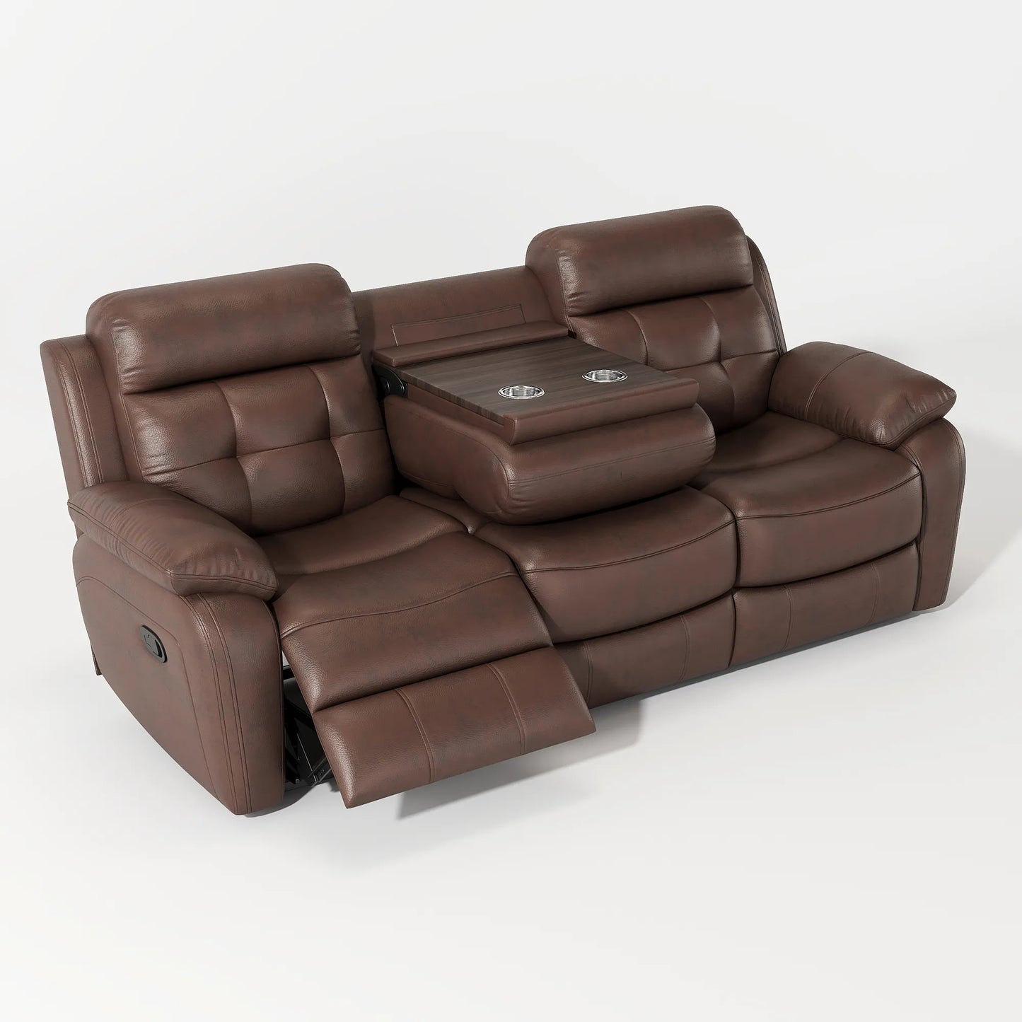 Louie Leather Reclining Sofa, Dual Manual Reclining Chairs with Table - Brown