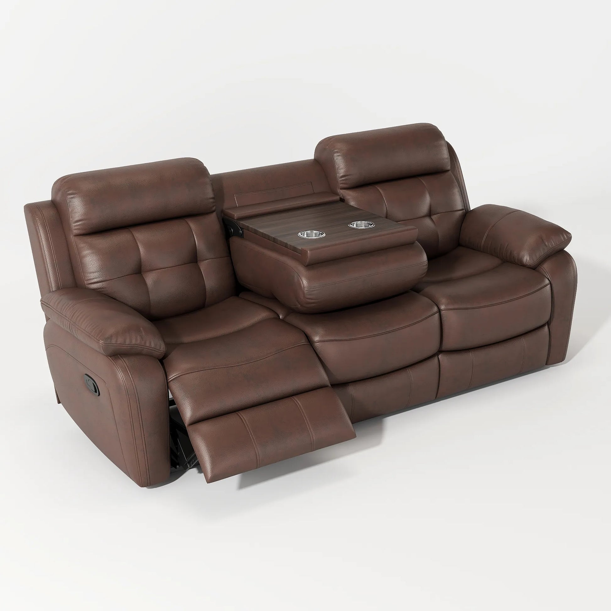 Louie Leather Reclining Sofa, Dual Manual Reclining Chairs with Table - Brown