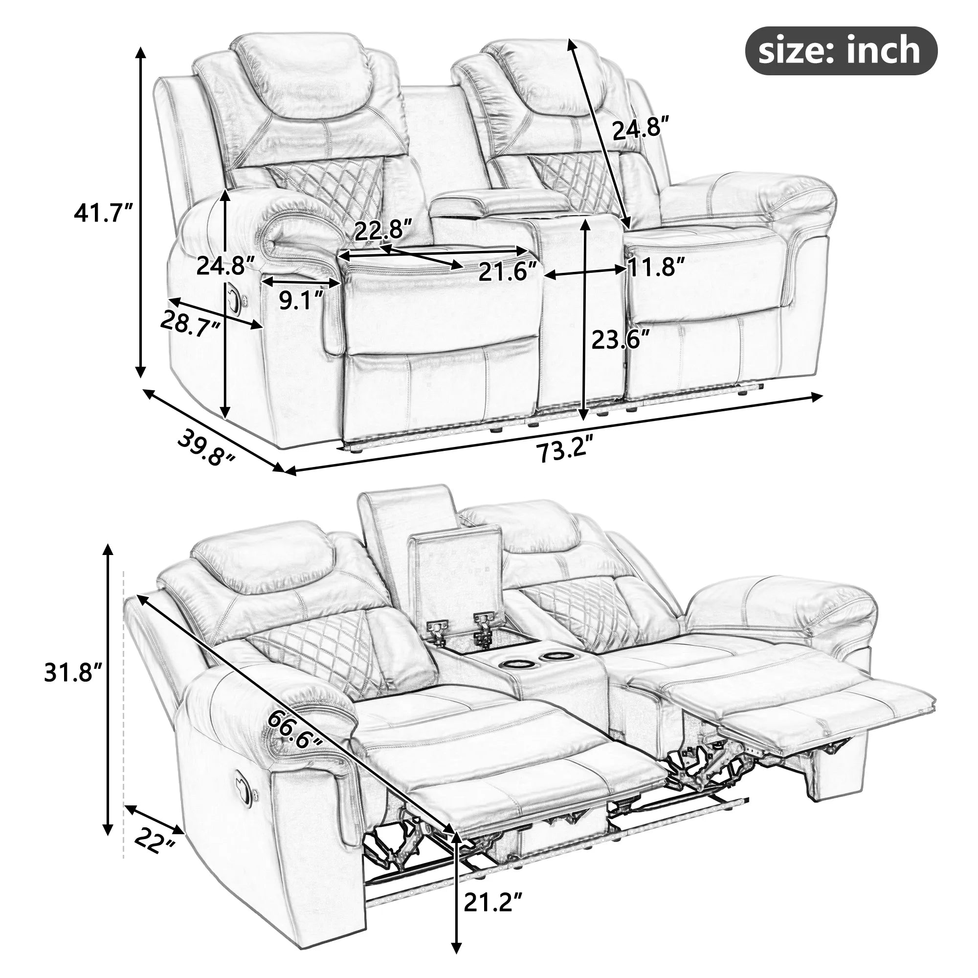 Louie Luxury Recliner Sofa Set, Home Theater Seating with LED Lights