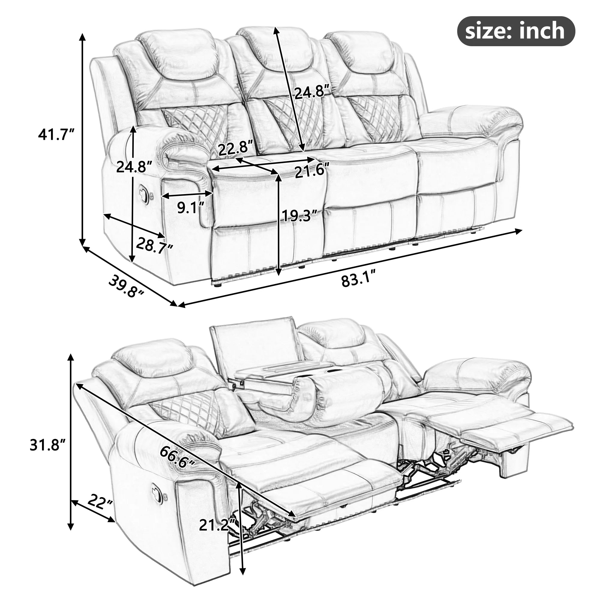 Louie Luxury Recliner Sofa Set, Home Theater Seating with LED Lights