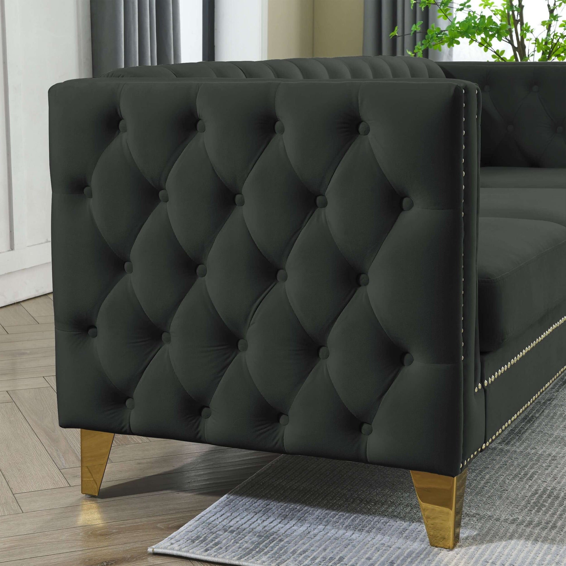 Chesterfield Sofa, L-Shaped Velvet Corner Couch - Black