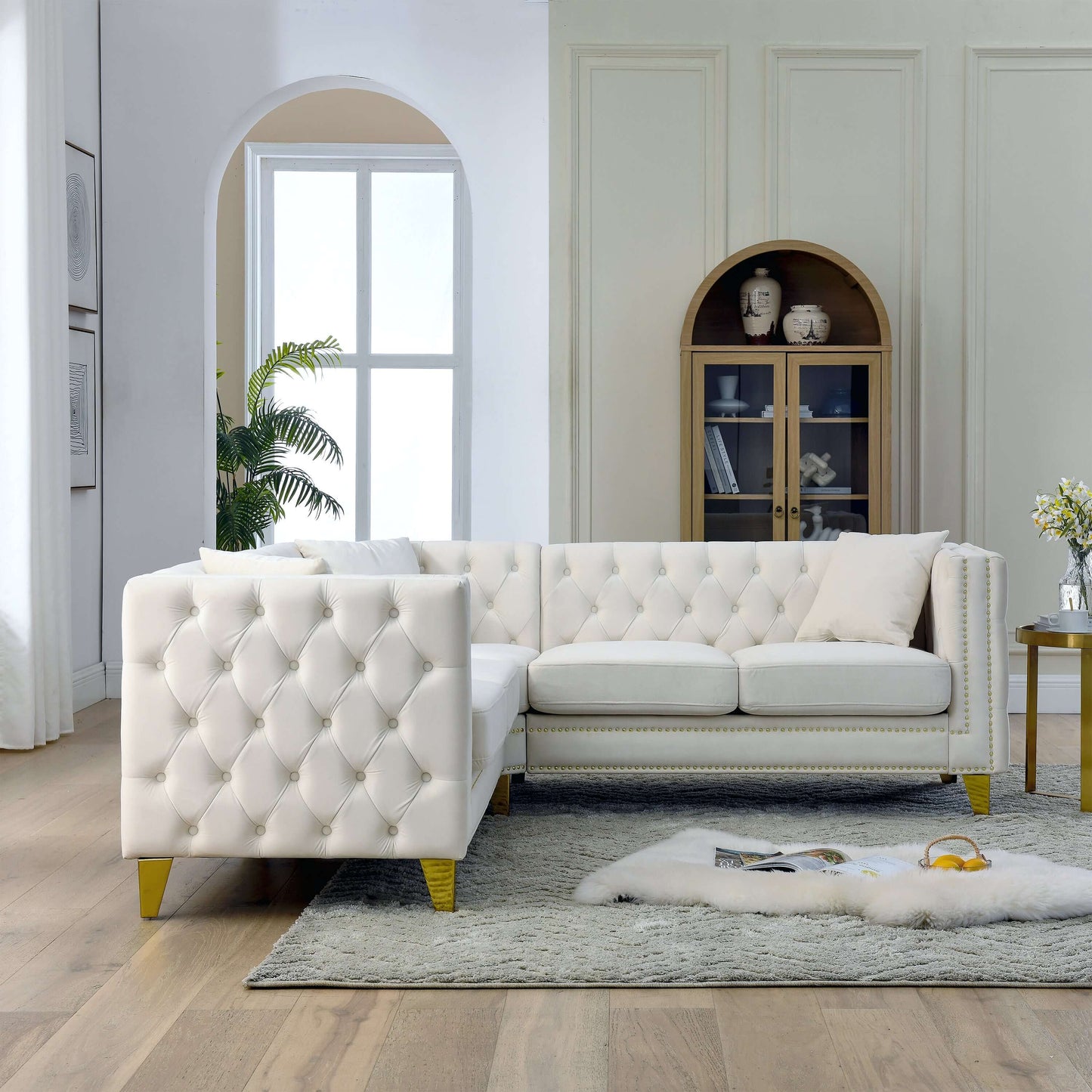 Chesterfield Sofa, L-Shaped Velvet Corner Couch - White