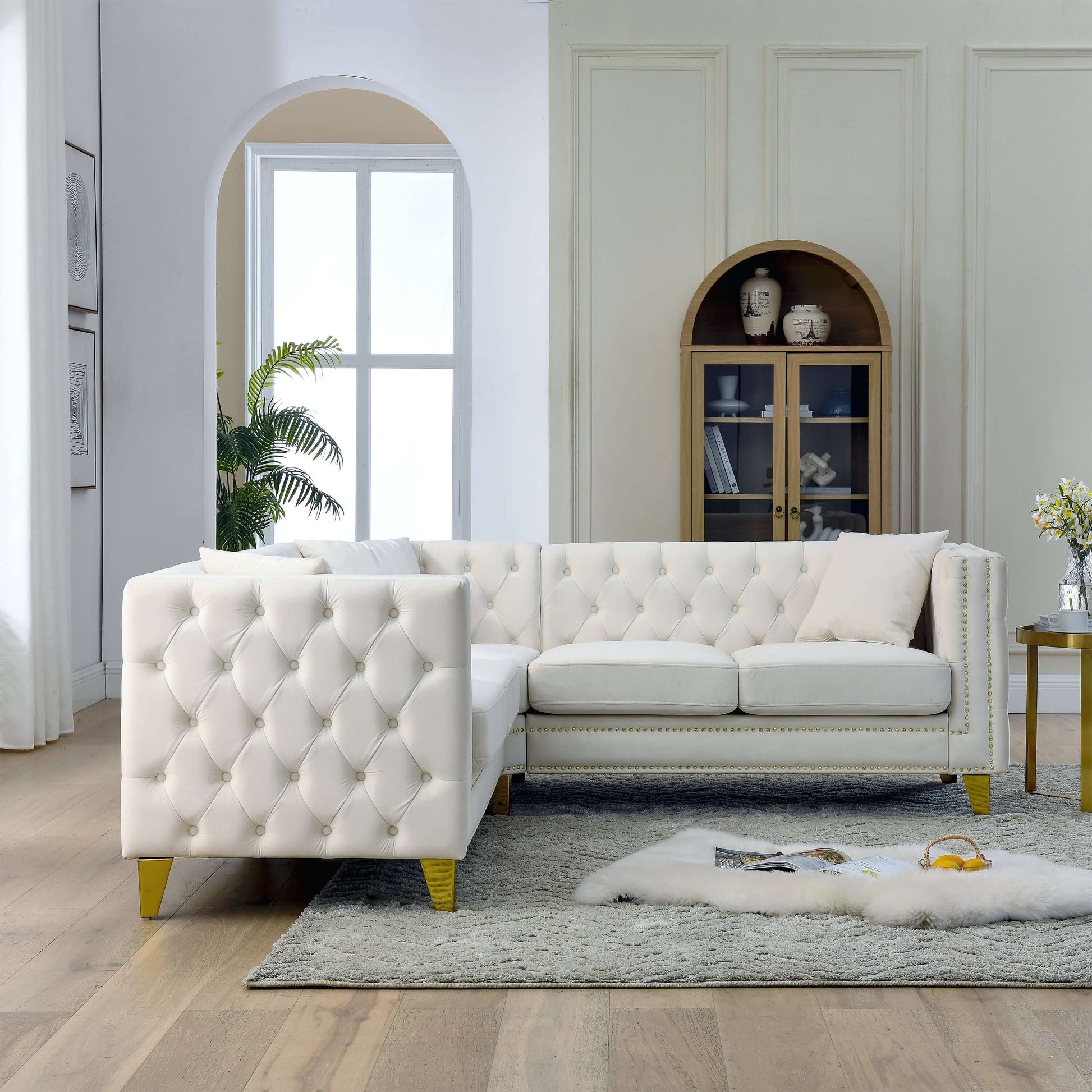 Chesterfield Sofa, L-Shaped Velvet Corner Couch - White