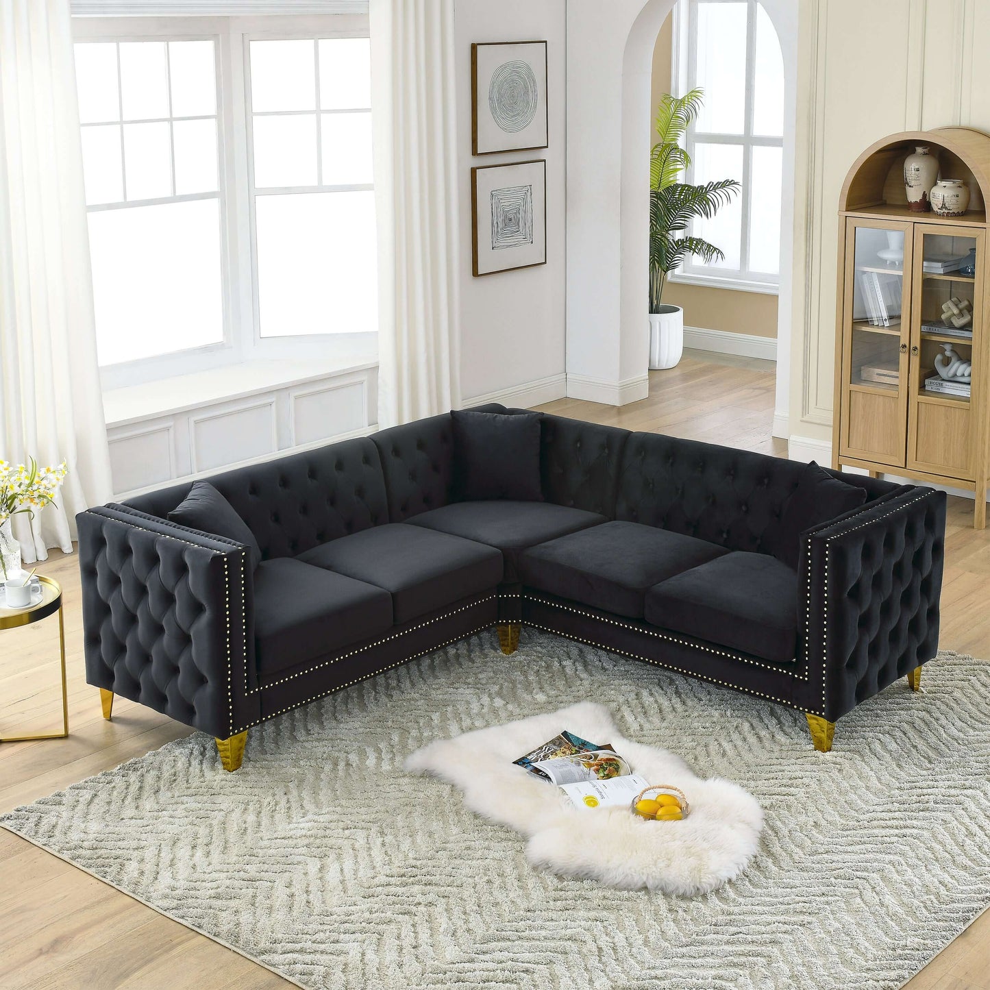 Chesterfield Sofa, L-Shaped Velvet Corner Couch - Black
