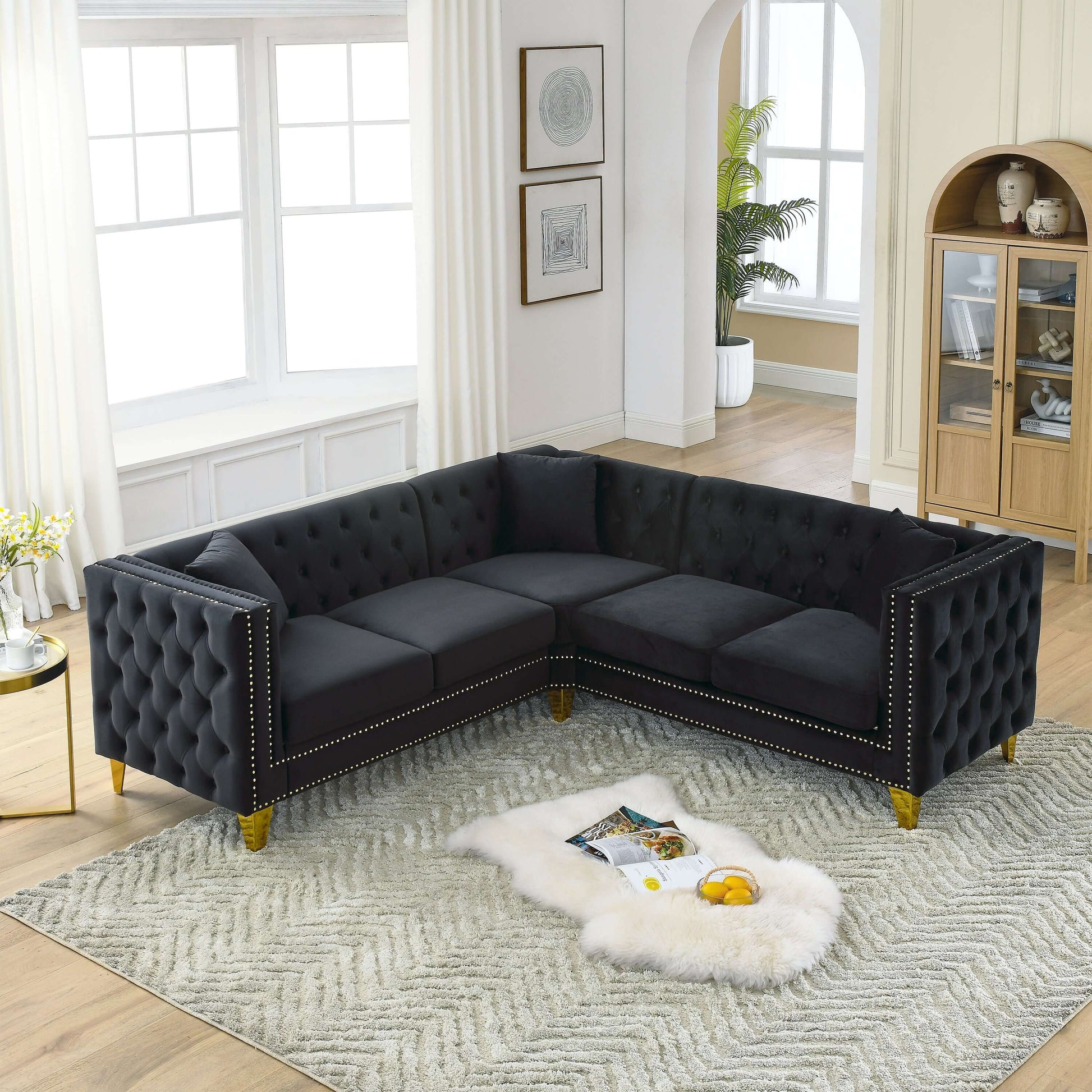 Chesterfield Sofa, L-Shaped Velvet Corner Couch - Black