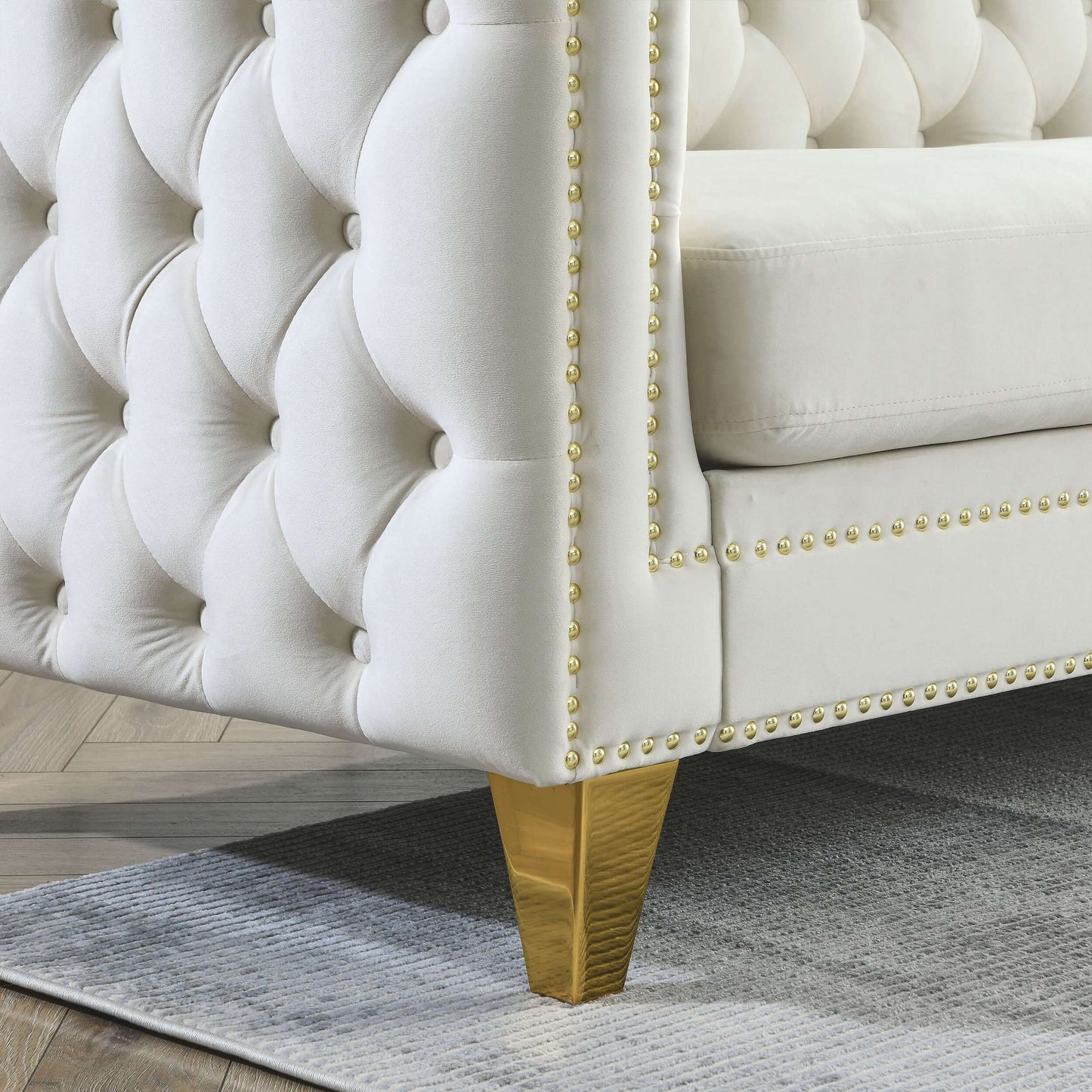 Chesterfield Sofa, L-Shaped Velvet Corner Couch - White