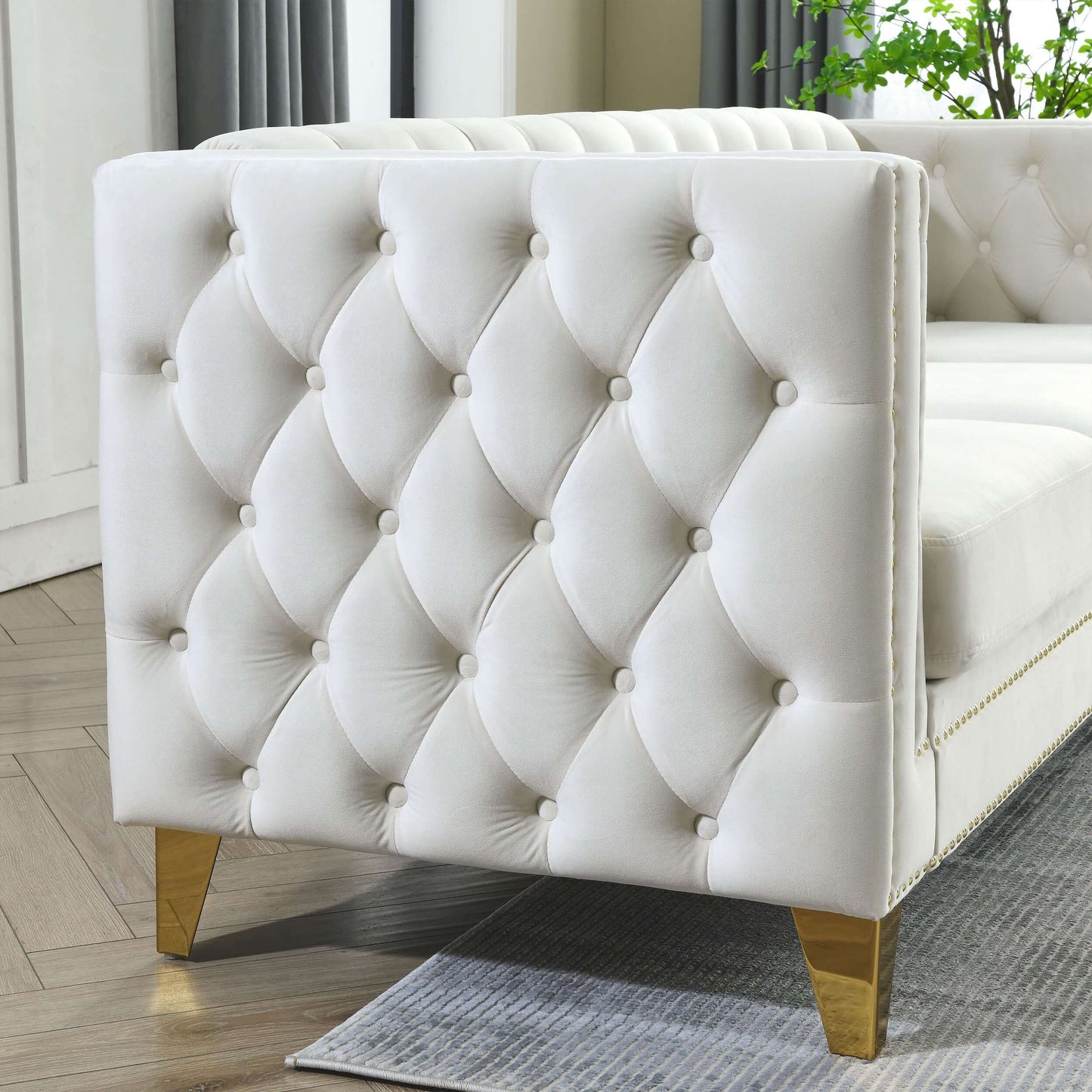 Chesterfield Sofa, L-Shaped Velvet Corner Couch - White